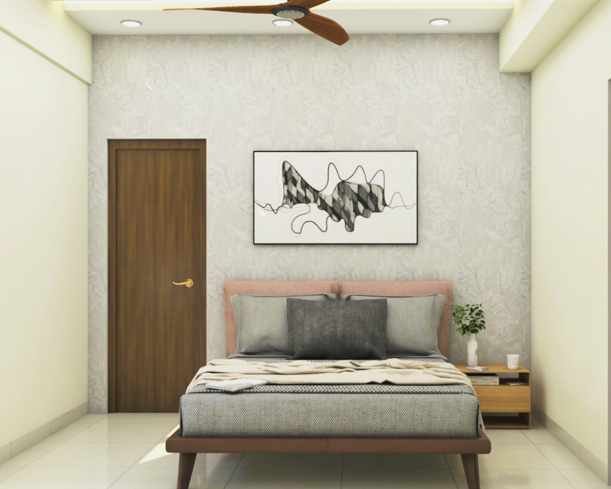 Guest Bedroom Design With A Grey Wallpaper For The Headboard Wall ...