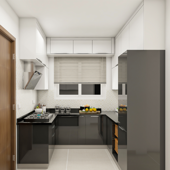 Compact Kitchen Design With Glossy Black Cabinets | Livspace