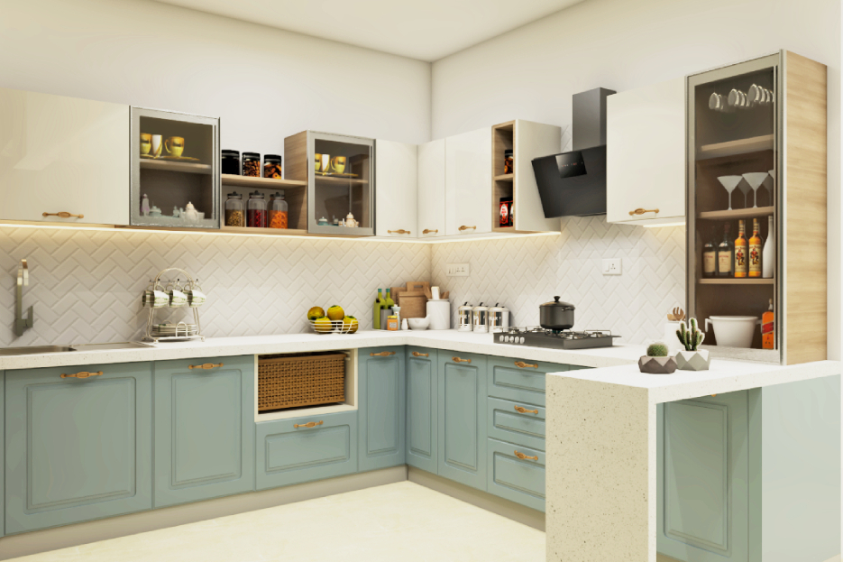 Spacious Kitchen Design With Open Shelves For Storage | Livspace