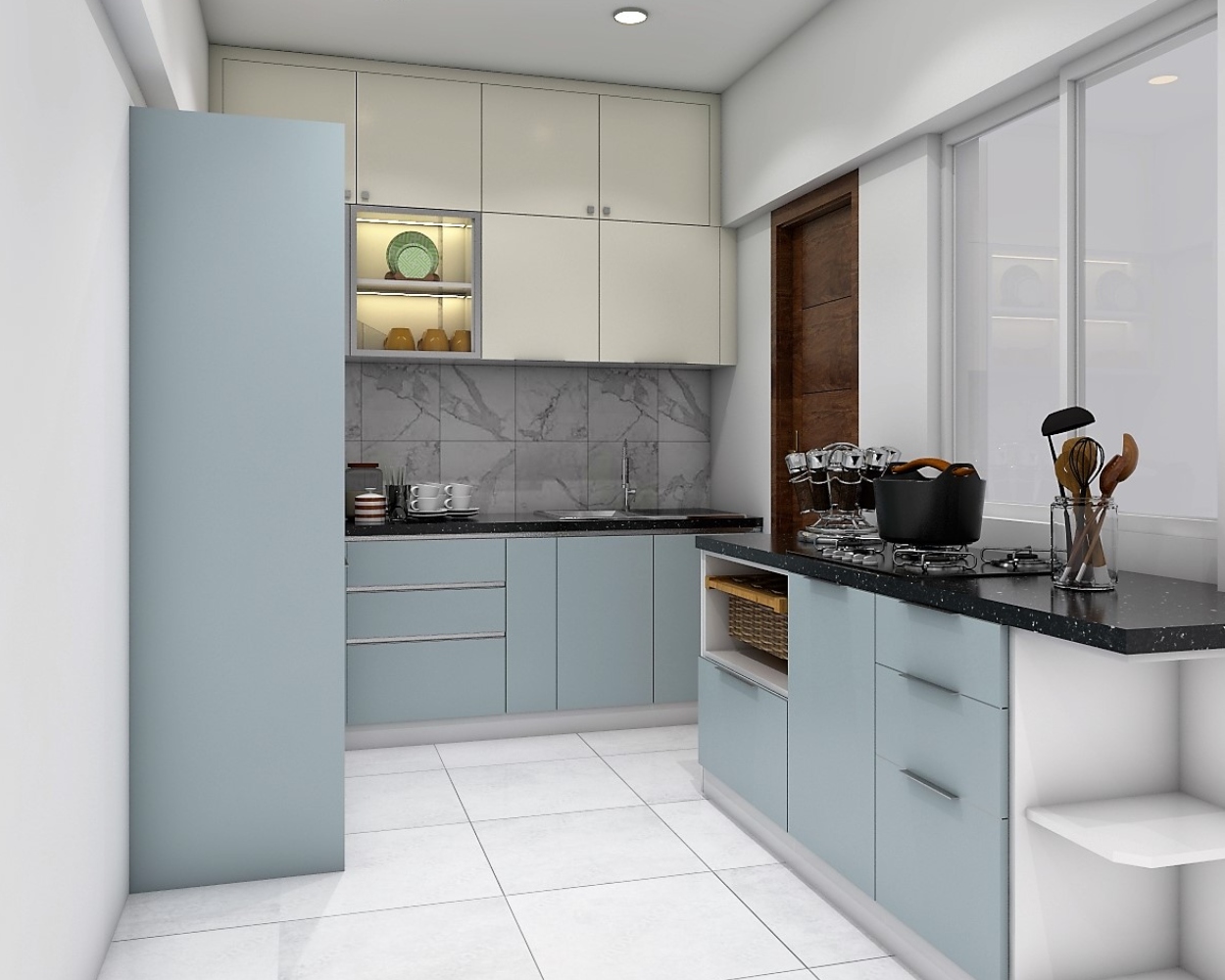 L-Shaped Kitchen Design With White And Blue Kitchen Cabinets Design ...