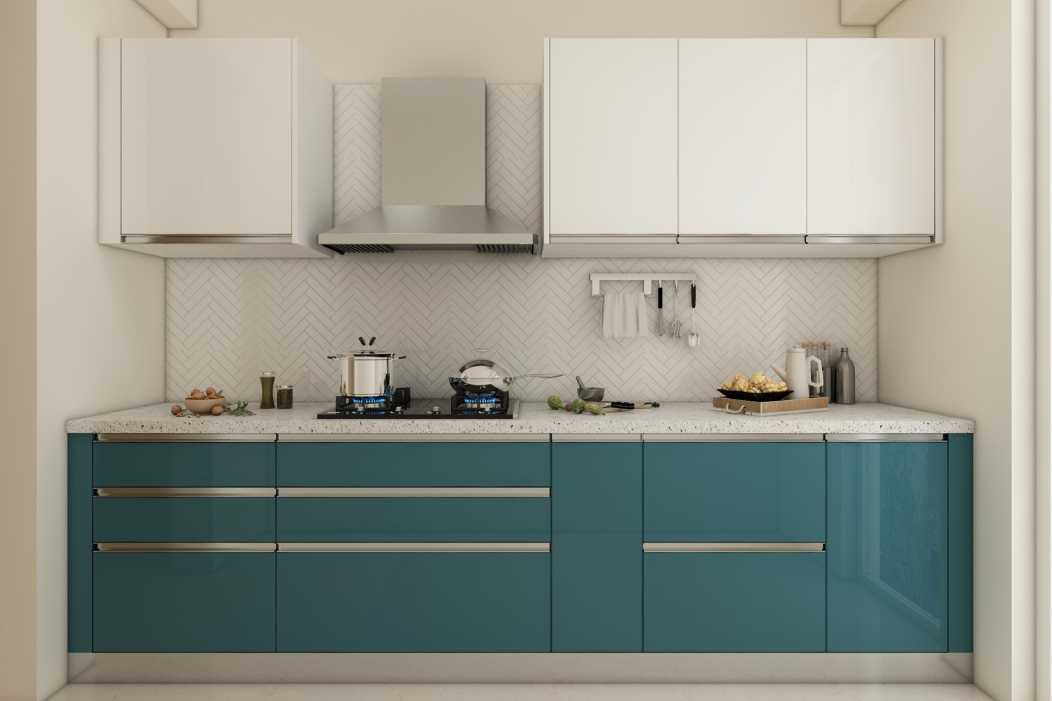 Modular Kitchen Design With White Dado Tiles - 12X10 Ft | Livspace