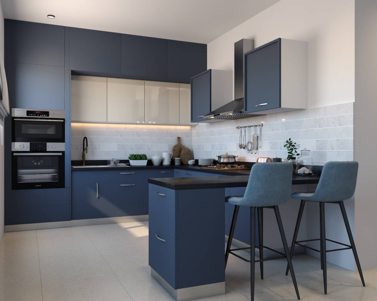 Modular Kitchen Design With Dark Blue And Grey Kitchen Cabinet Design ...