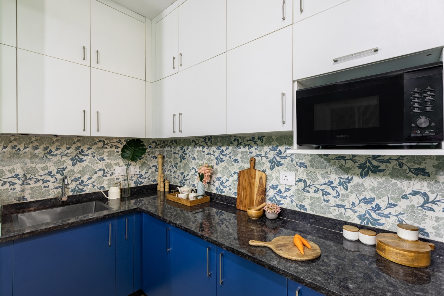 Modular Kitchen Design With Blue And White Kitchen Cabinets | Livspace