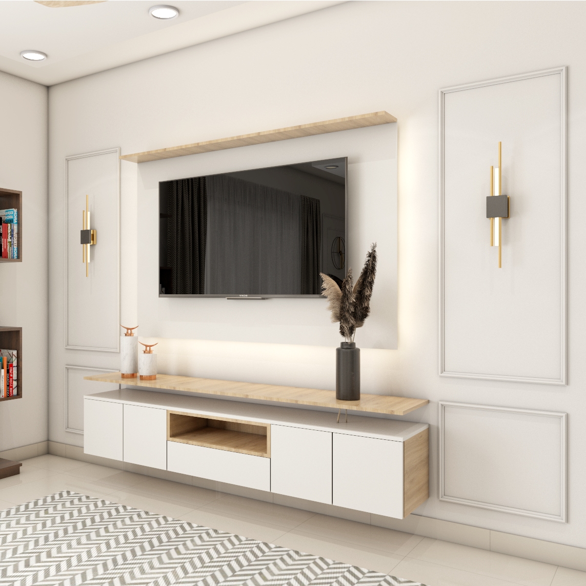 White and Walnut Modern Wall-Mounted TV Unit Design With Drawer And ...