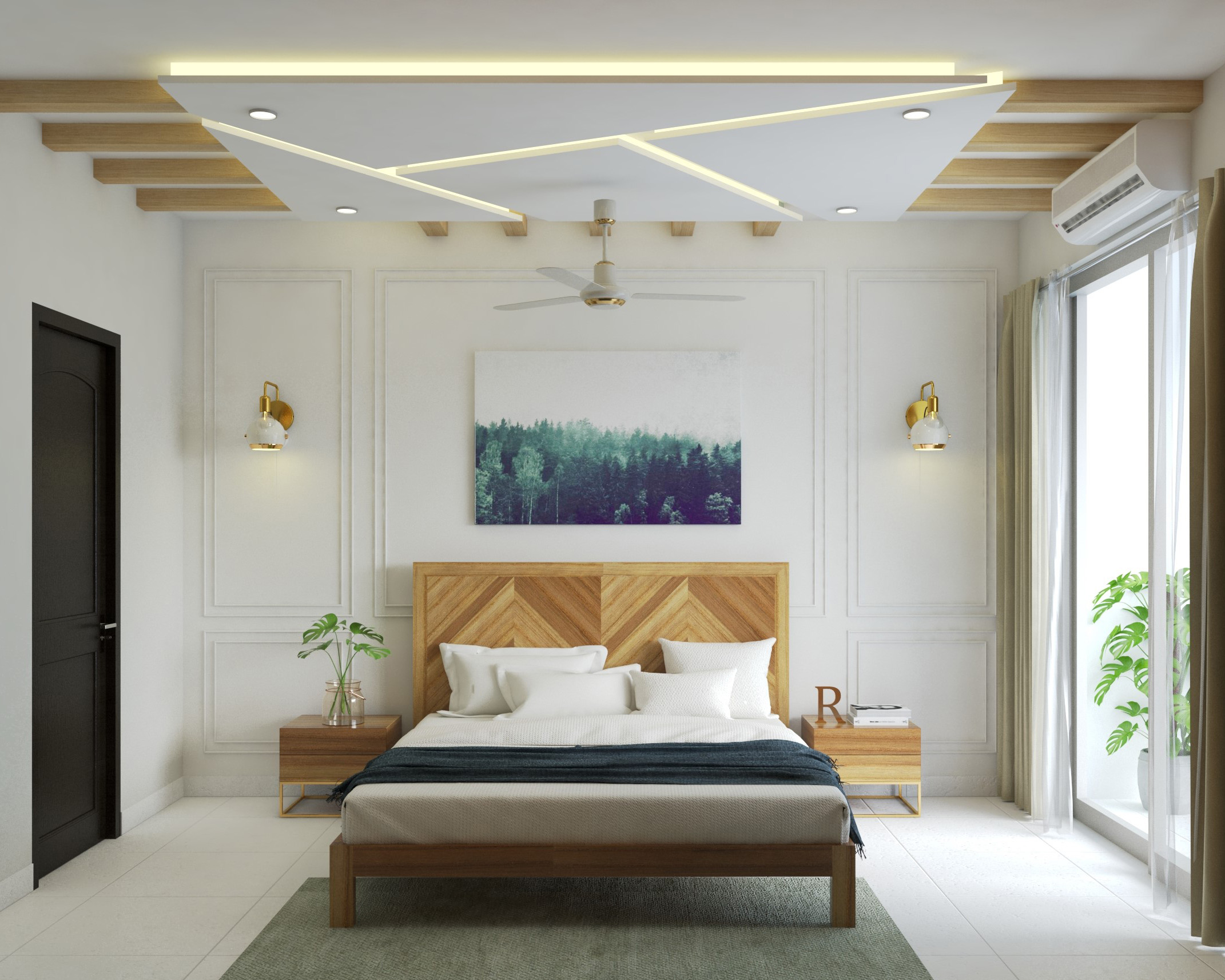 Bedroom Wall Design With Cream Paint And Trims | Livspace
