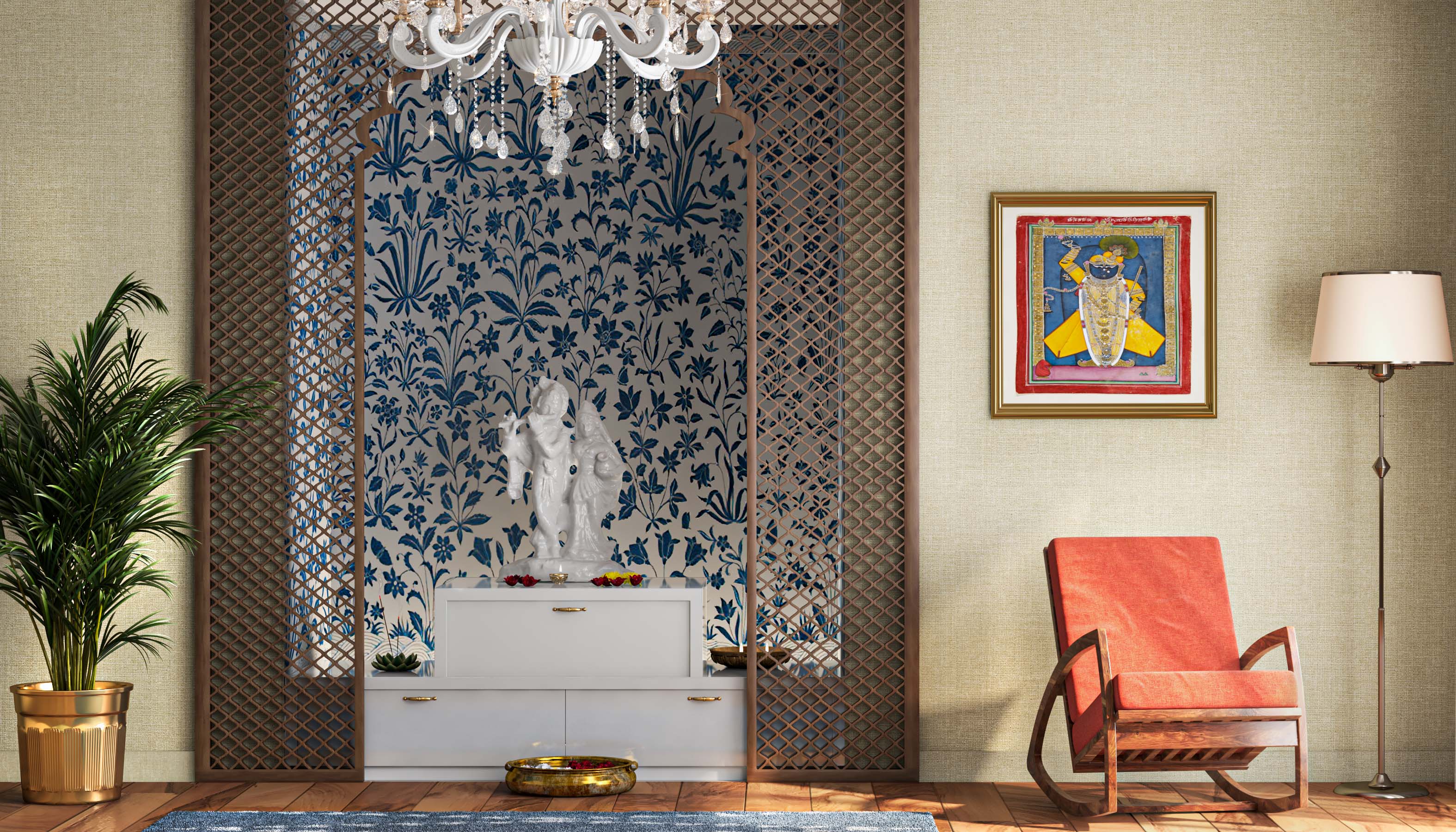 White And Blue Floral Wallpaper Design For Living Rooms | Livspace