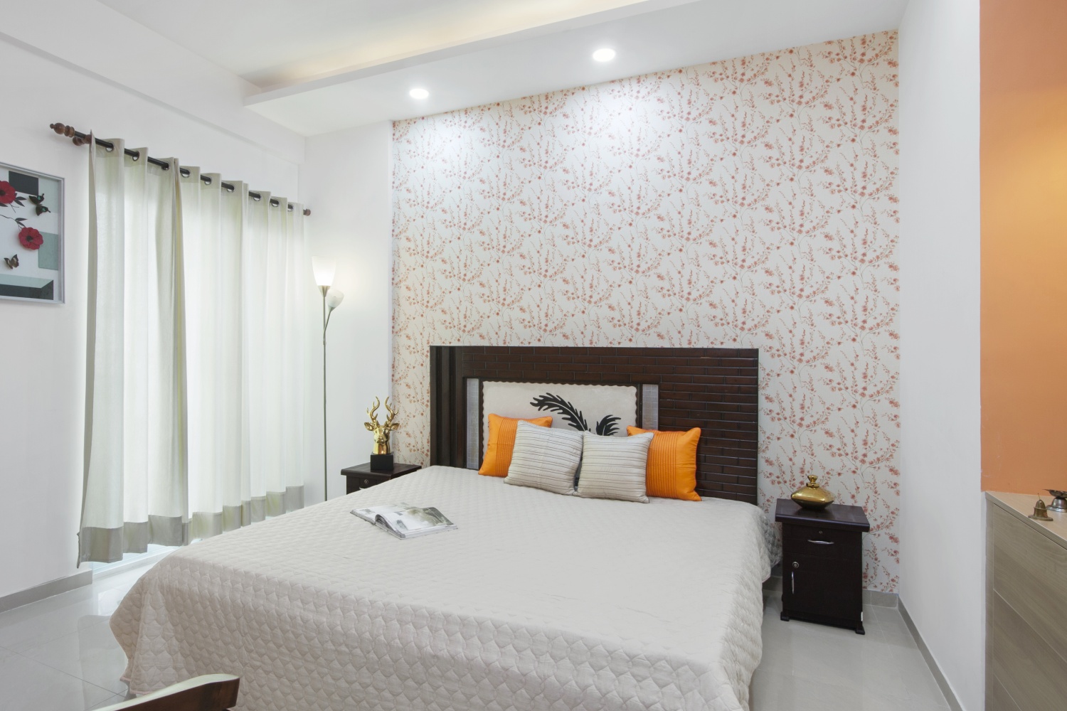 White And Peach Floral Wallpaper For Bedroom Livspace