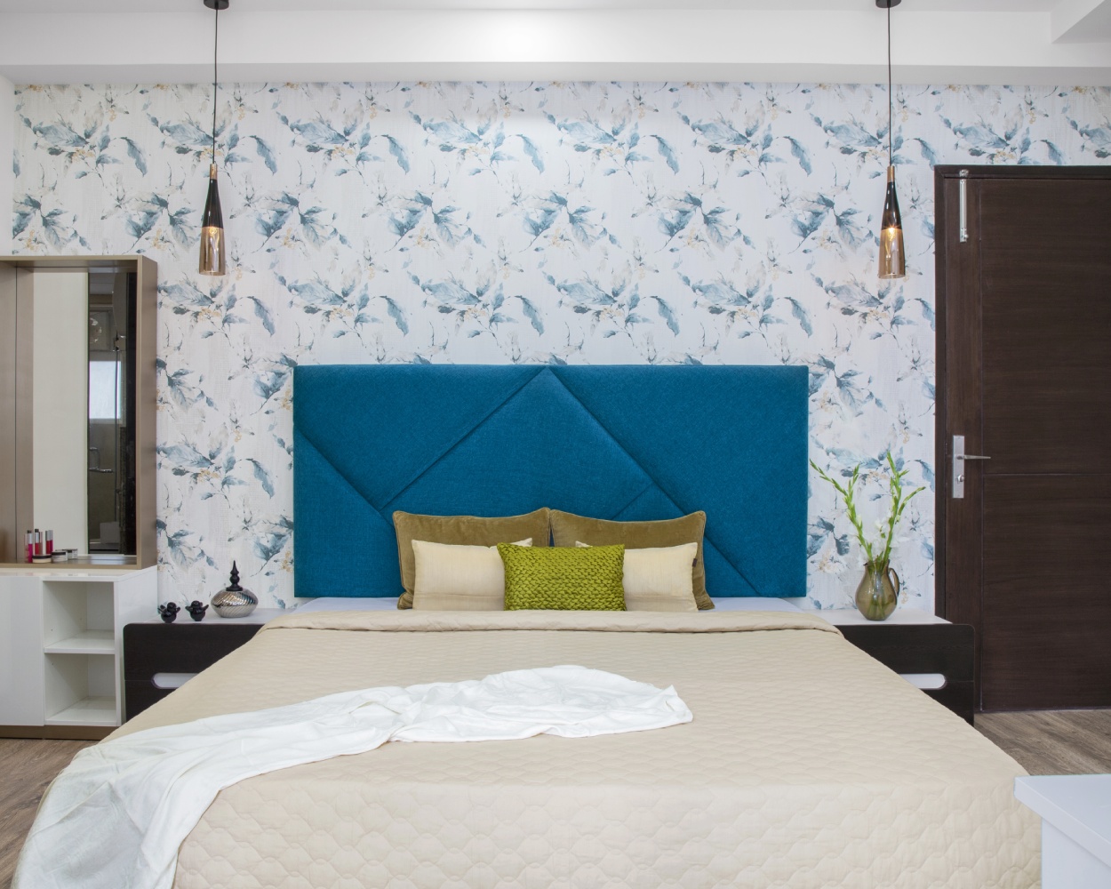White And Blue Leaf-Patterned Wallpaper Design | Livspace
