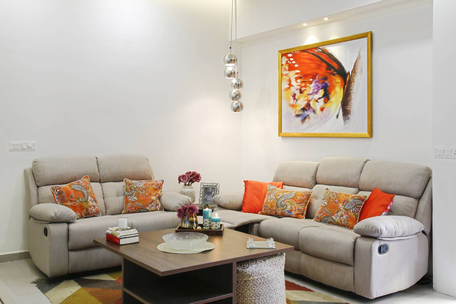 Gurgaon 2BHK Contemporary Flat Design with Printed Cushions and Dotted