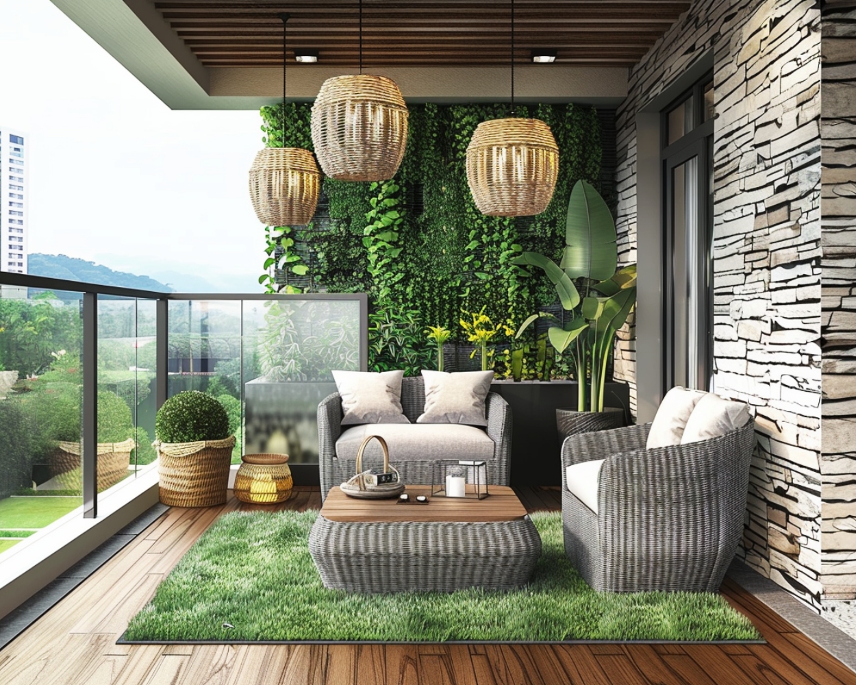 Contemporary Balcony Design: Wood Floor, Stone Wall & Plastic Seaters ...