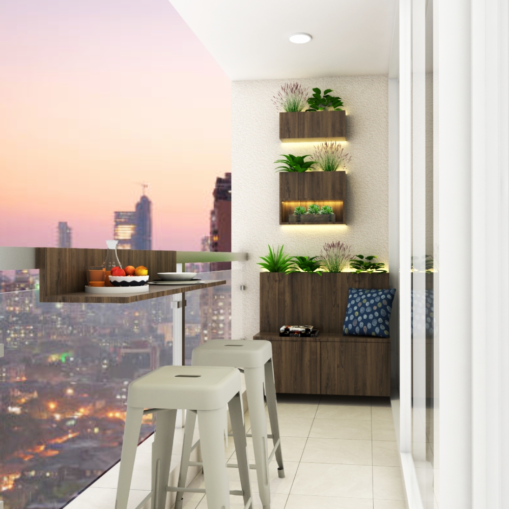 Spacious Grey And Beige Balcony Design With Wooden Furniture And Wall ...