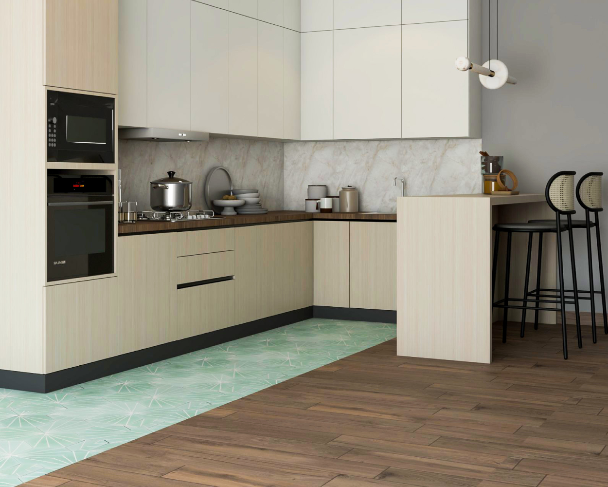 Green And Wood Kitchen Flooring Design | Livspace