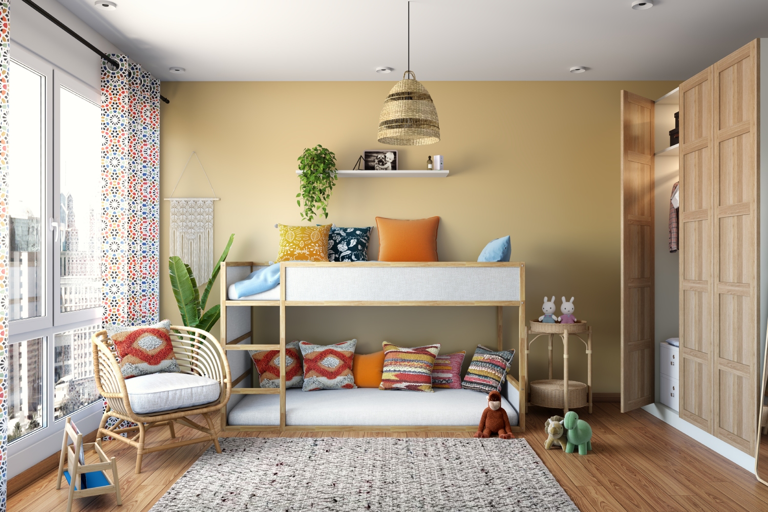 Spacious Kids Room Design With Wooden Bunk Bed And 3-Door Swing ...