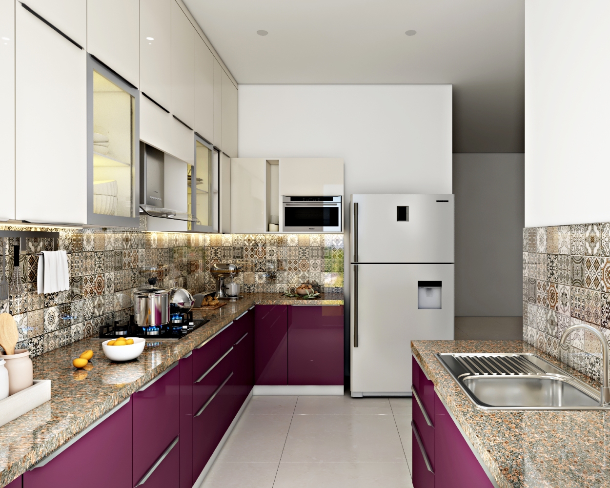 Contemporary L-Shape Kitchen Design with Black Currant and Frosty White ...