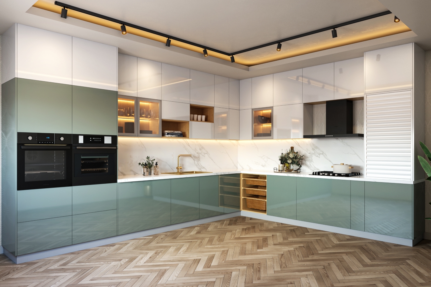 Blue And White Modular Kitchen Cabinet Design WIth Wooden Flooring ...