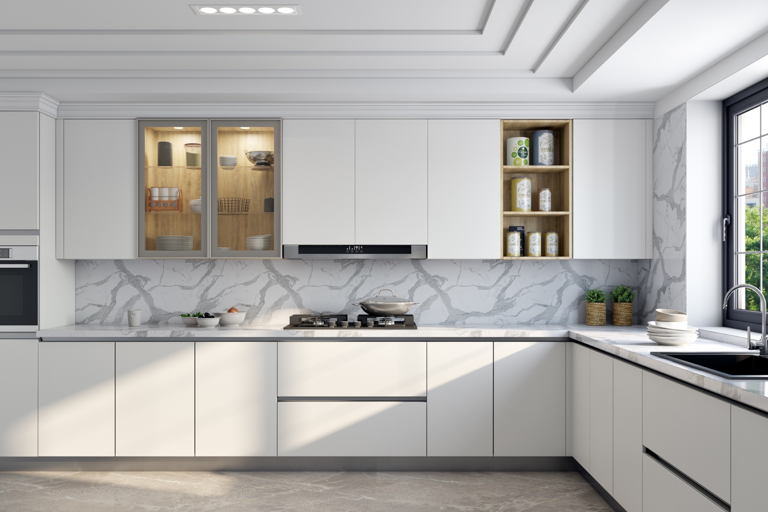 Modern L-Shaped Frosty White Kitchen Design with Marble Backsplash ...