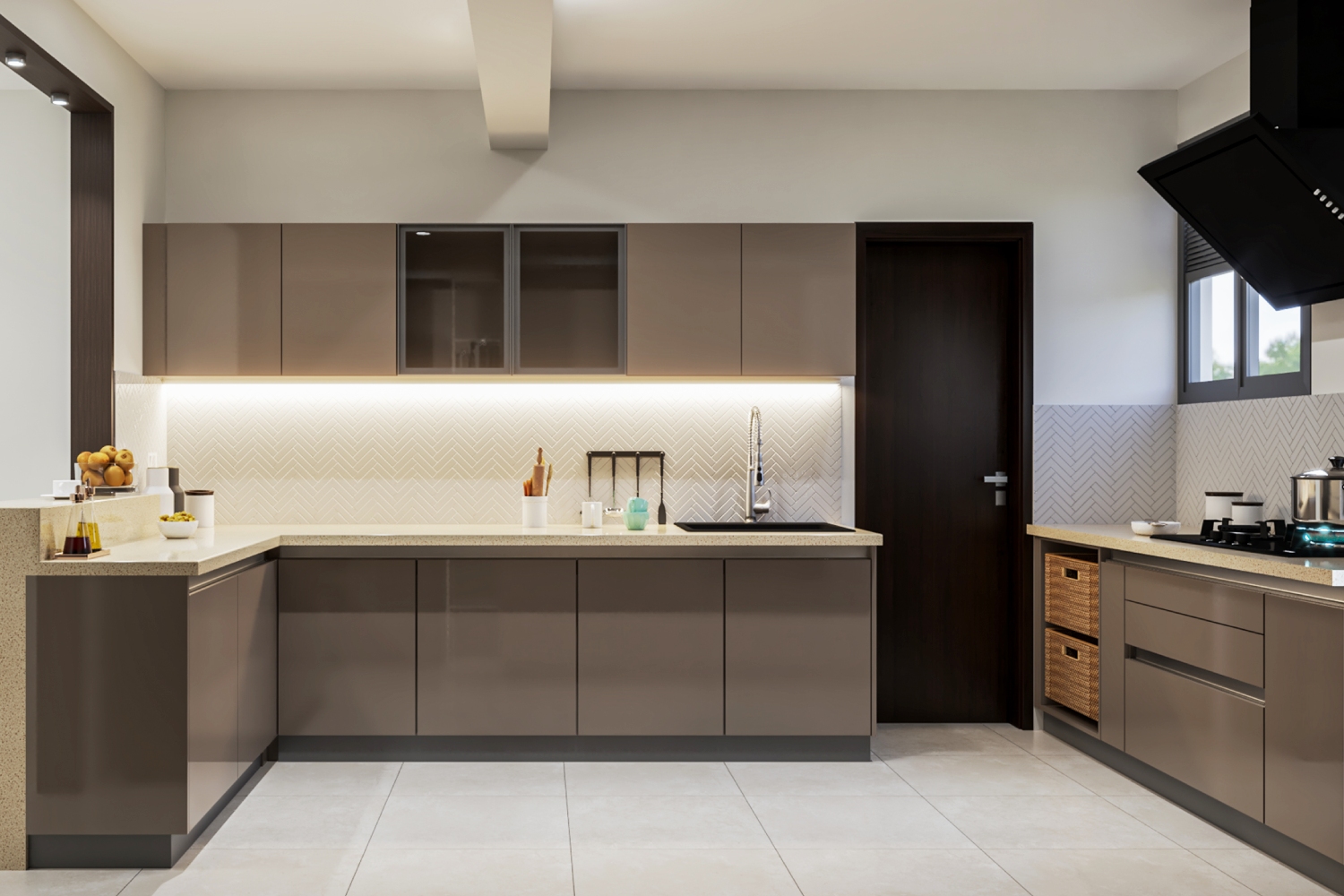 Curated visual reference: High Gloss Finish Kitchen Design For Small Spaces Reference: Tan High Gloss Open Indian Kitchen Design With White Chevron