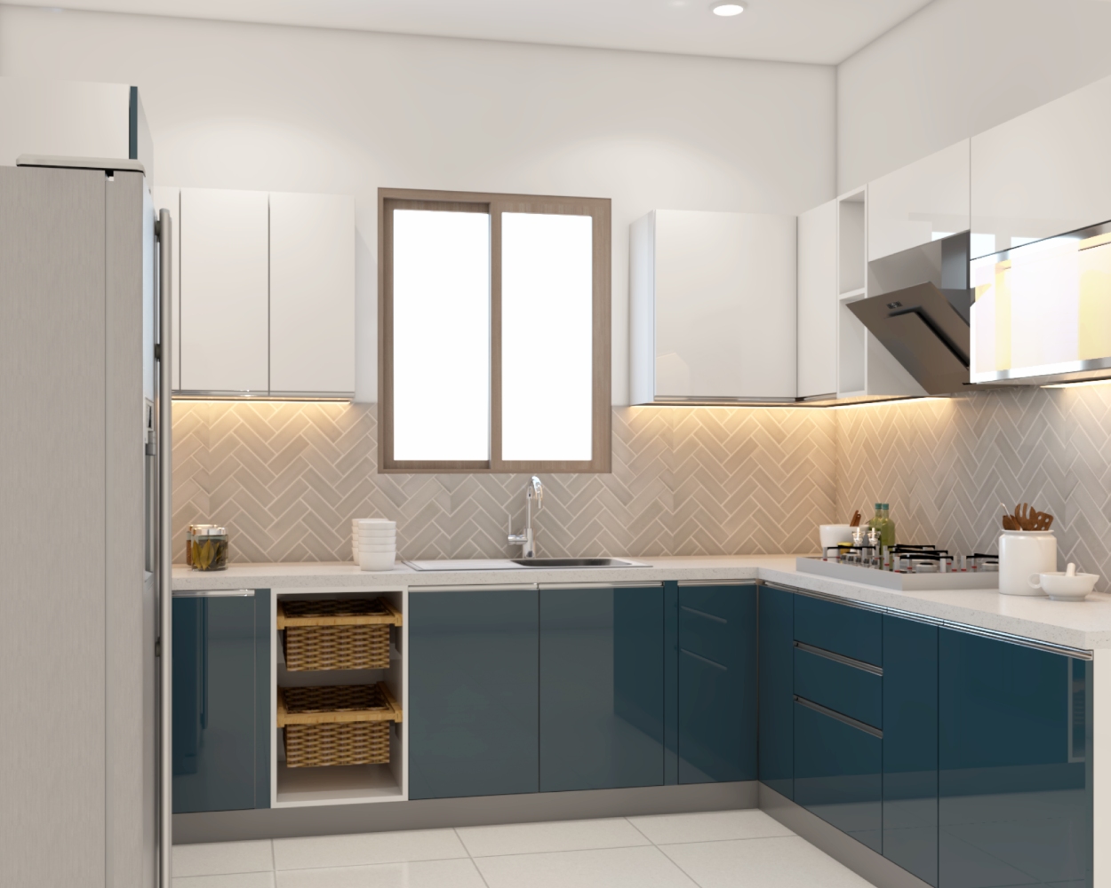 Modern L-Shape Kitchen Design with Shore and Champagne Cabinets | Livspace