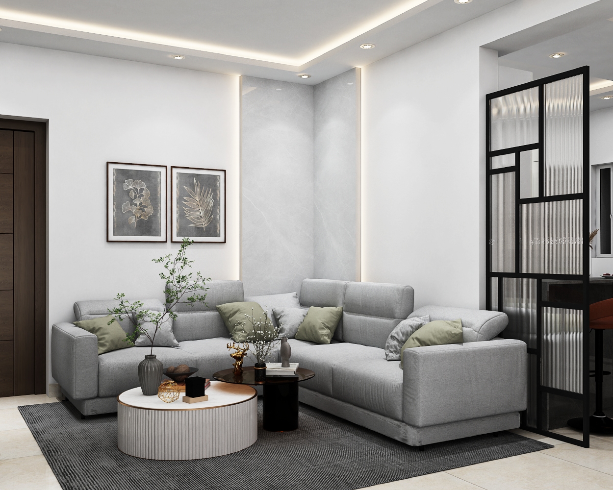 Beautiful Modern Living Room Design with Grey Sofa and Black Metal