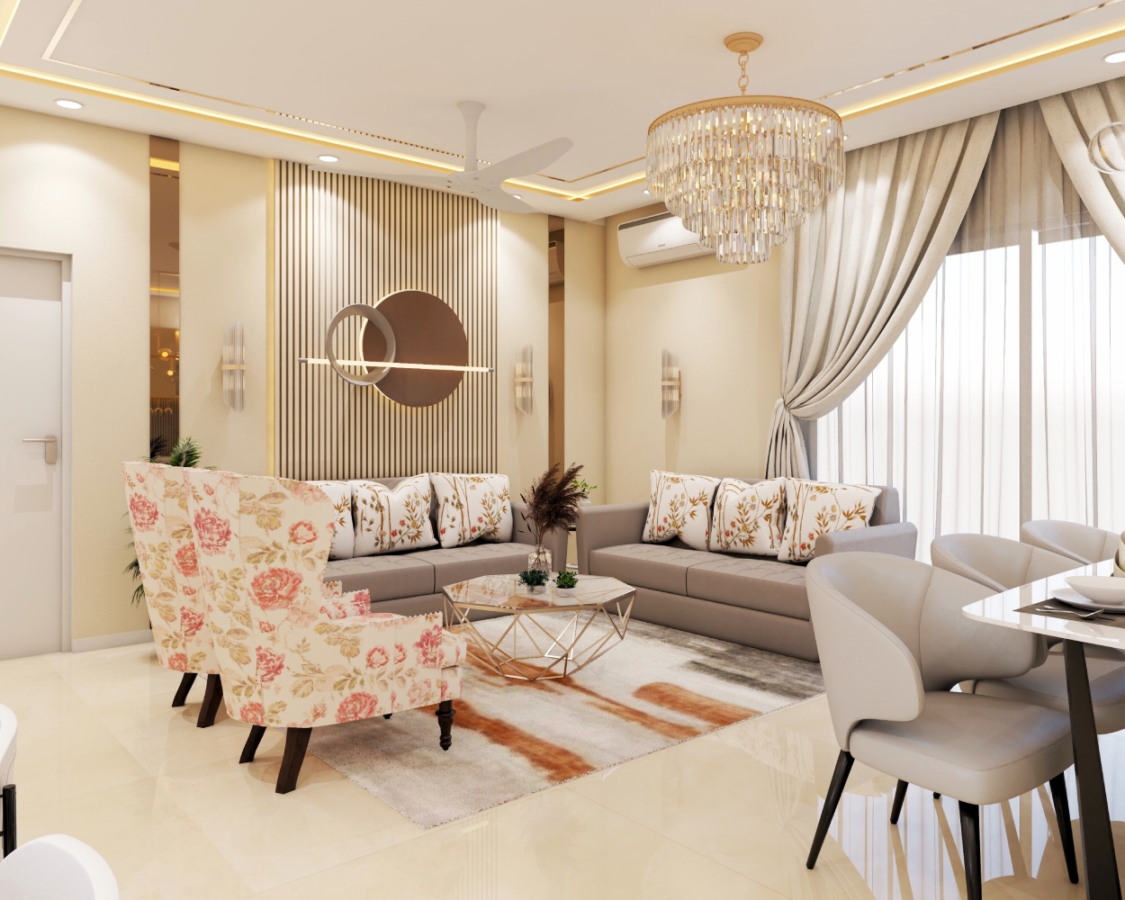 Spacious Contemporary Living Room Design with Fluted Wall Panels and