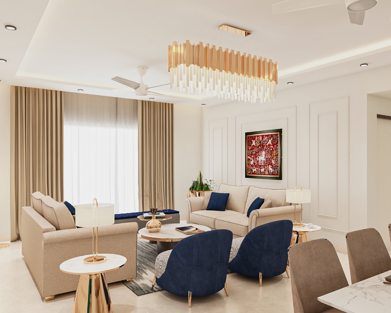 Large Family Contemporary Living Room Design: Seating & Lighting | Livspace
