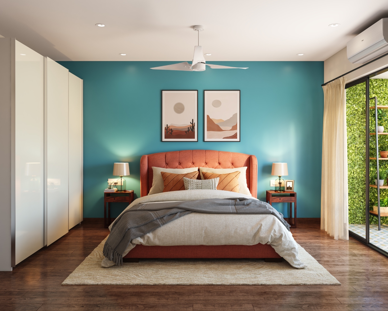 Spacious Master Bedroom With Salmon-Pink Headboard And 3-Door White ...