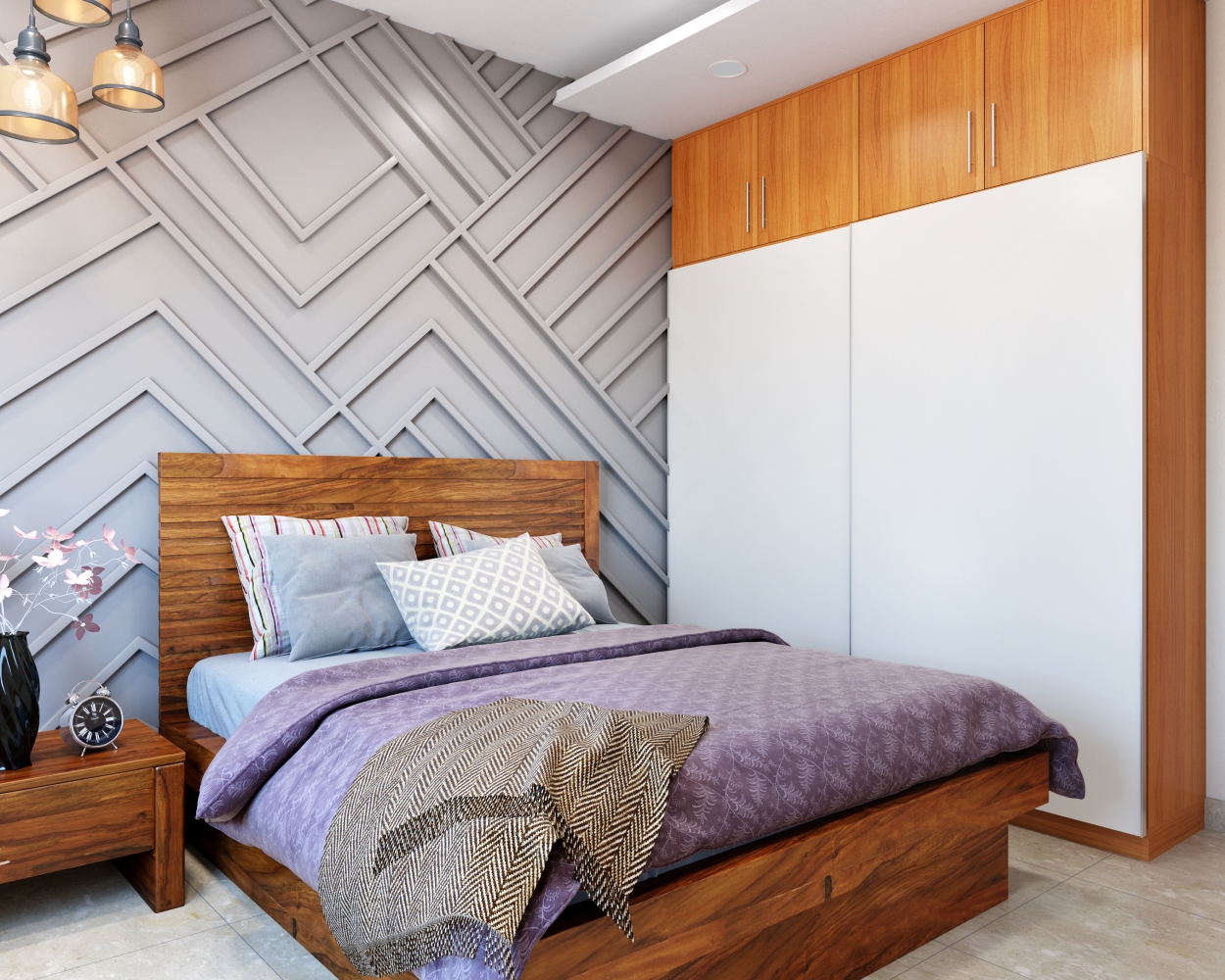 Compact Master Bedroom Design With Grey Accent Wall And 2-Door Sliding ...