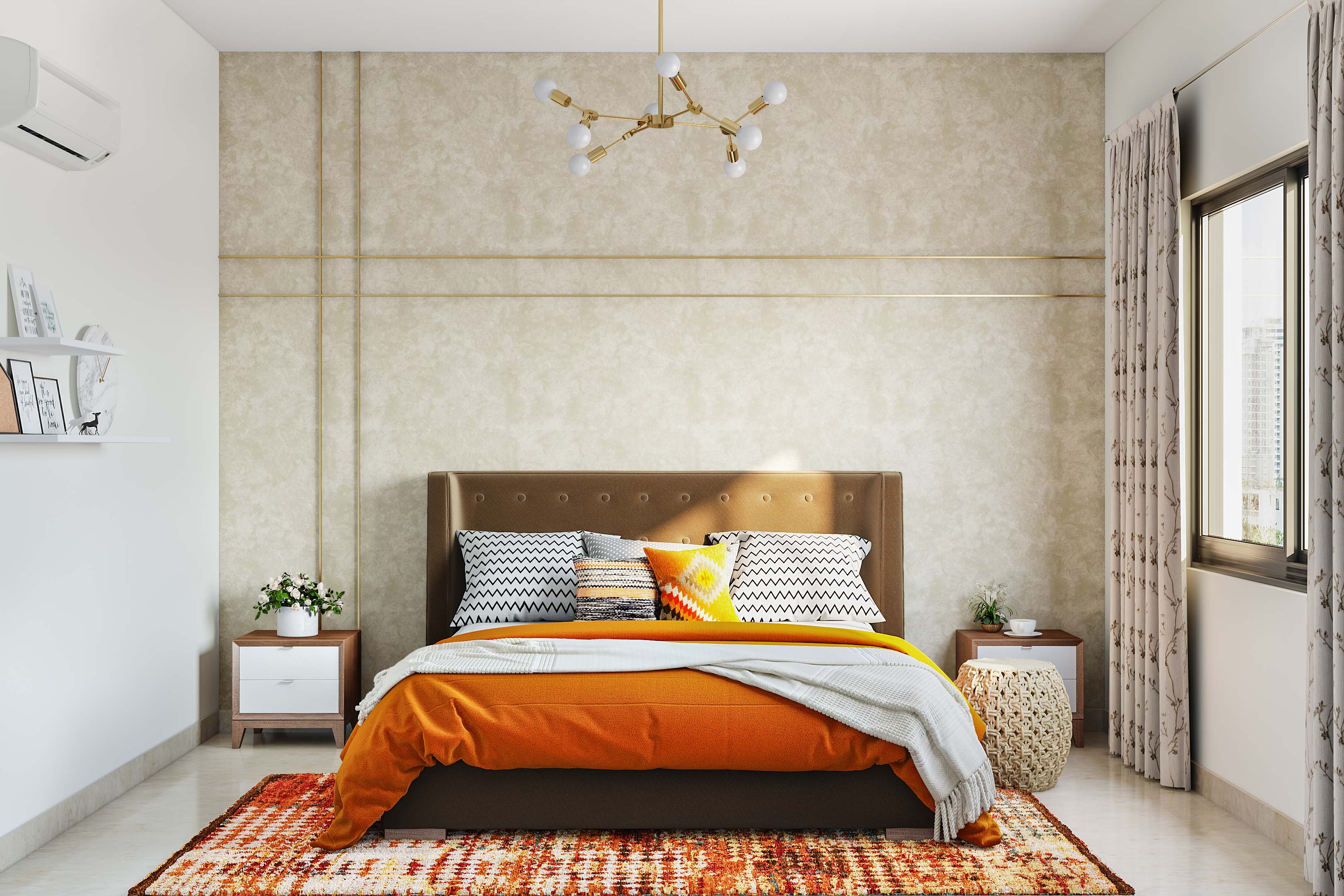 Sleek Modern Guest Bedroom Design: Queen Tufted Bed and Beige Wallpaper ...
