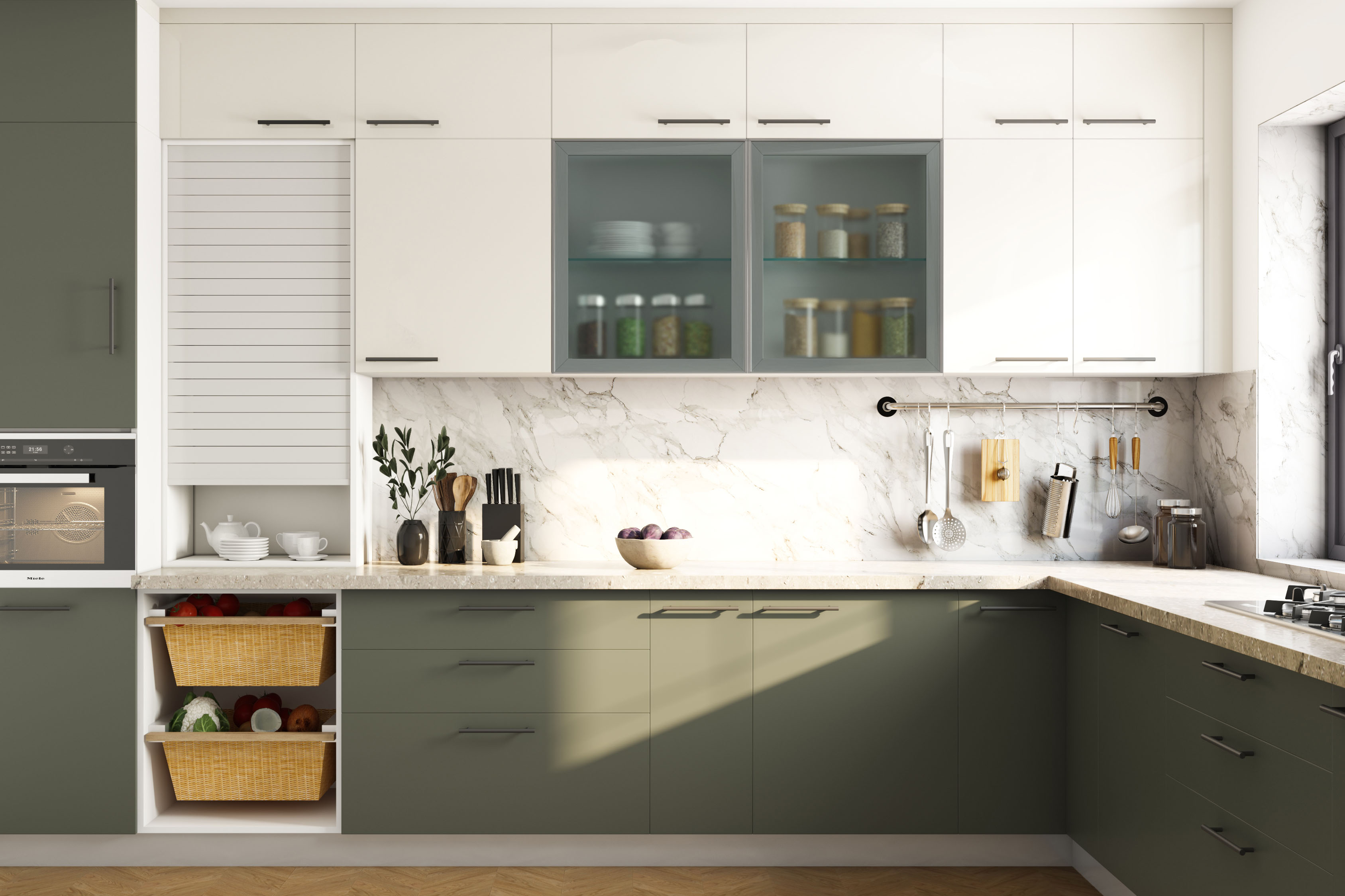 Spacious Contemporary L-Shaped Kitchen Design With Storage Units and ...