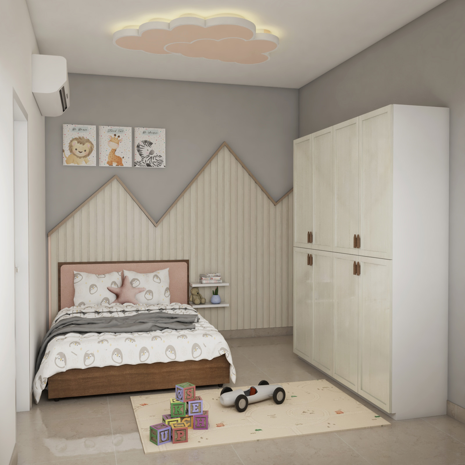 Modern Girls Bedroom with Queen-sized Pink and Wood Bed | Livspace