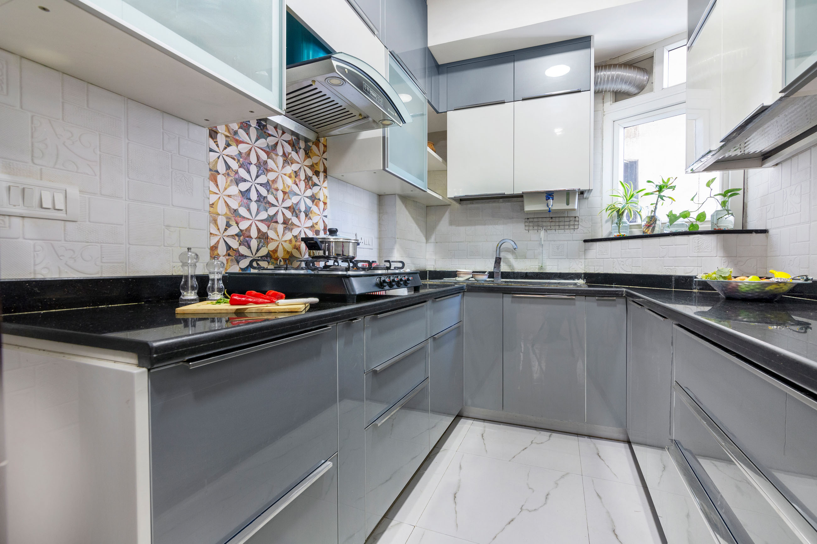 Grey And White U-Shaped Modular Kitchen Design With White 3D And Floral ...