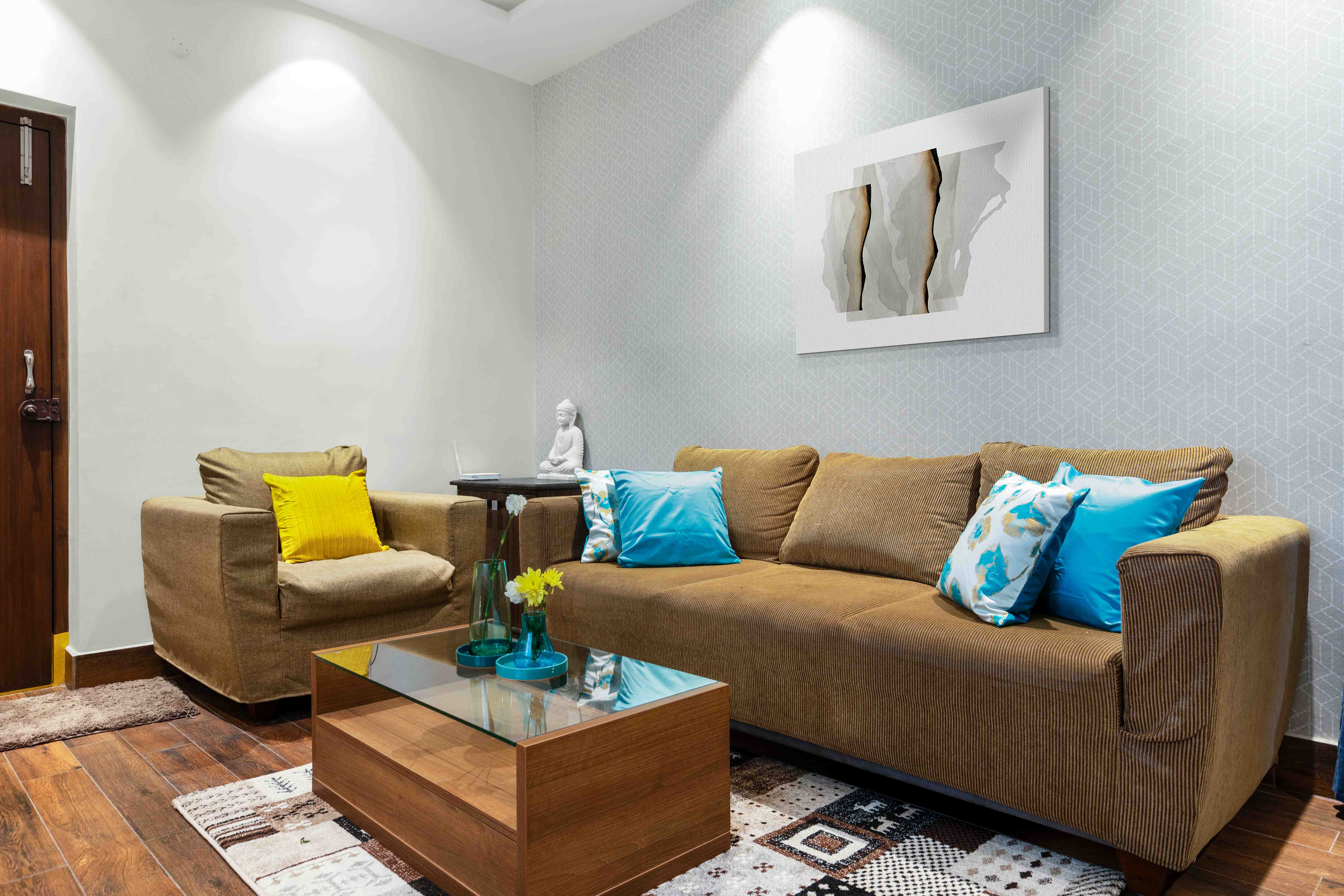 Timeless Modern Living Room with L-Shape Brown Suede Sofa | Livspace