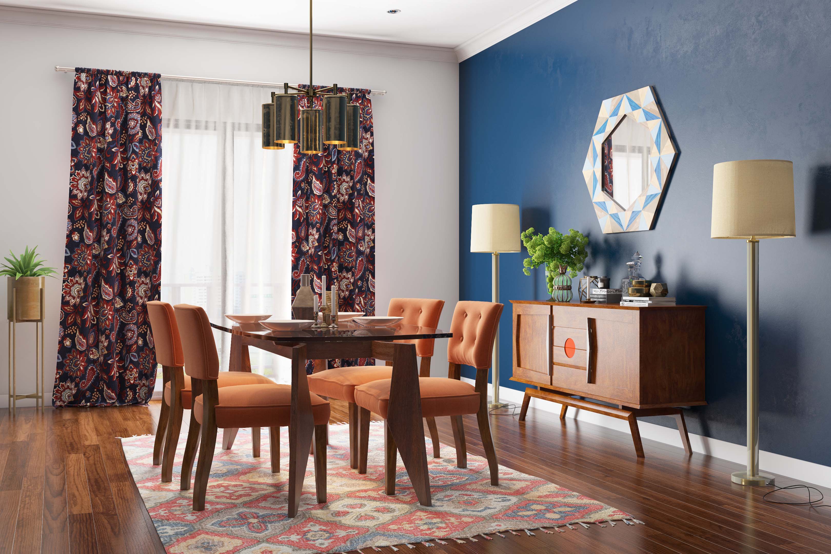 Spacious 4-Seater Dining Room Design With Dark Blue Accent Wall | Livspace