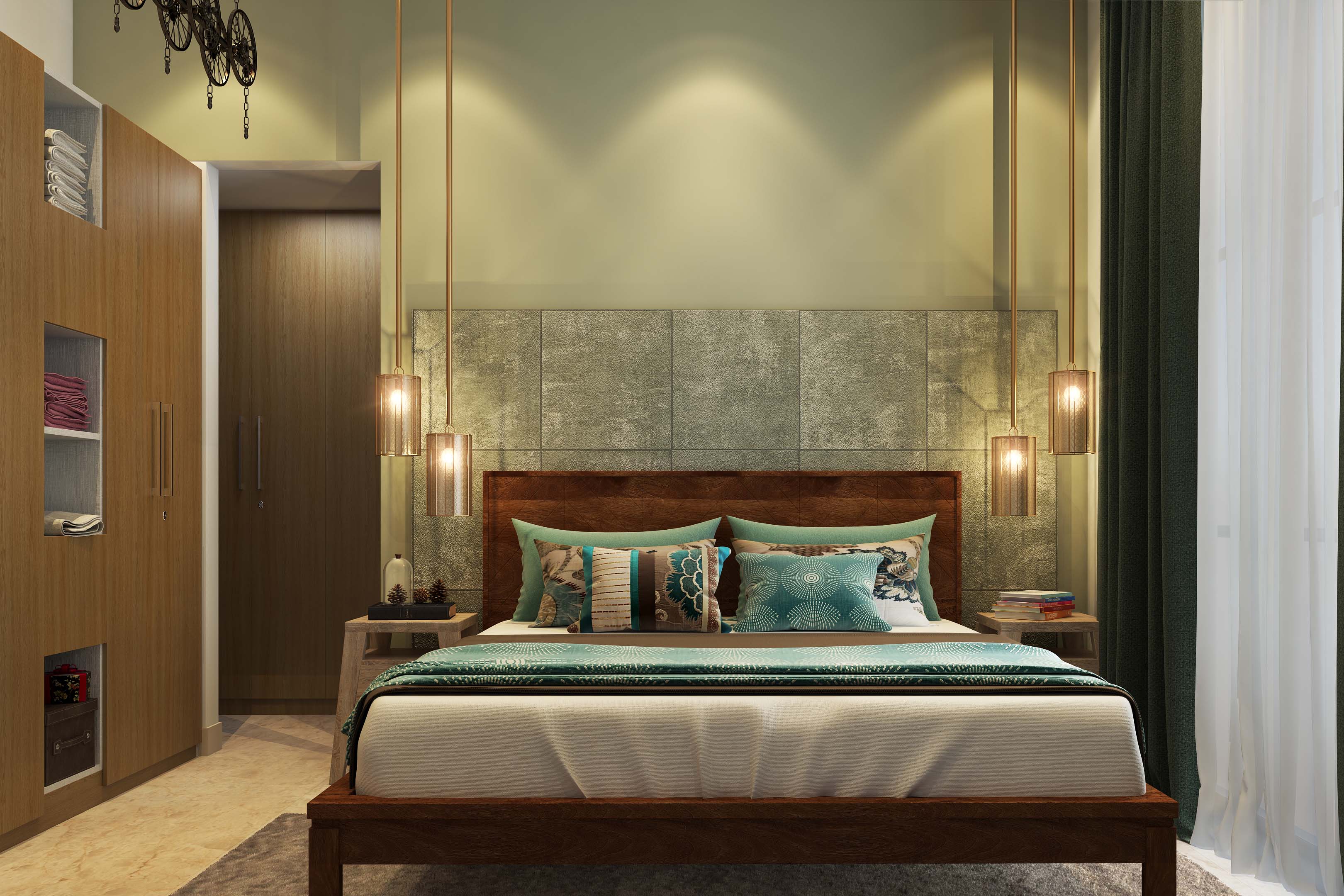 Spacious Guest Room With Dark Wooden Bed And Pendant Lights | Livspace