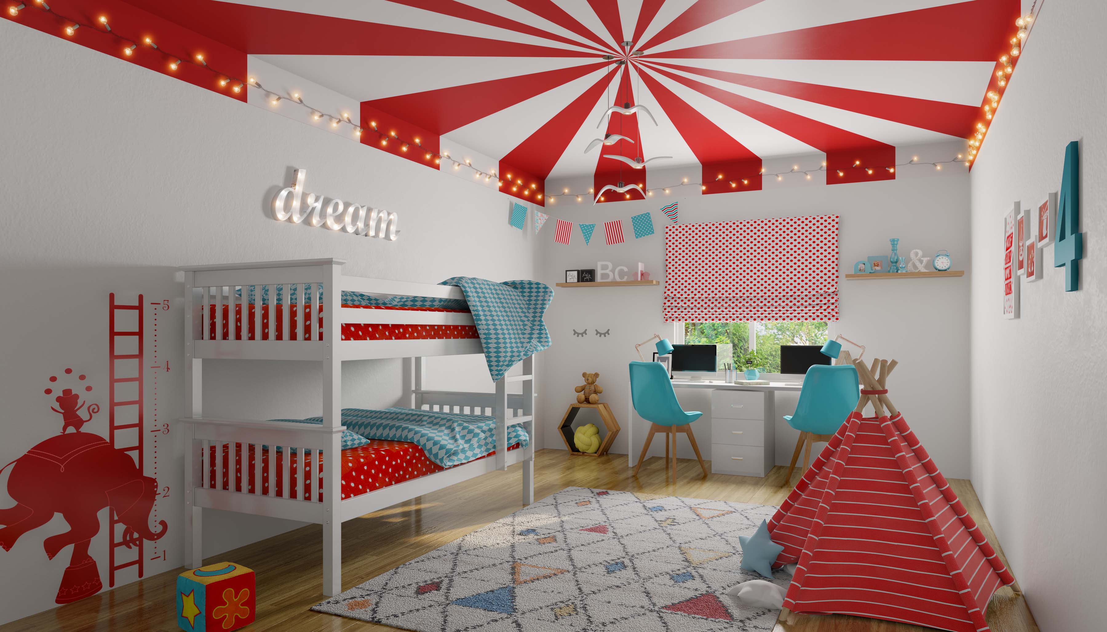 Shared Kids Bedroom Design: Bunk Bed, Study & Fairy Lights | Livspace