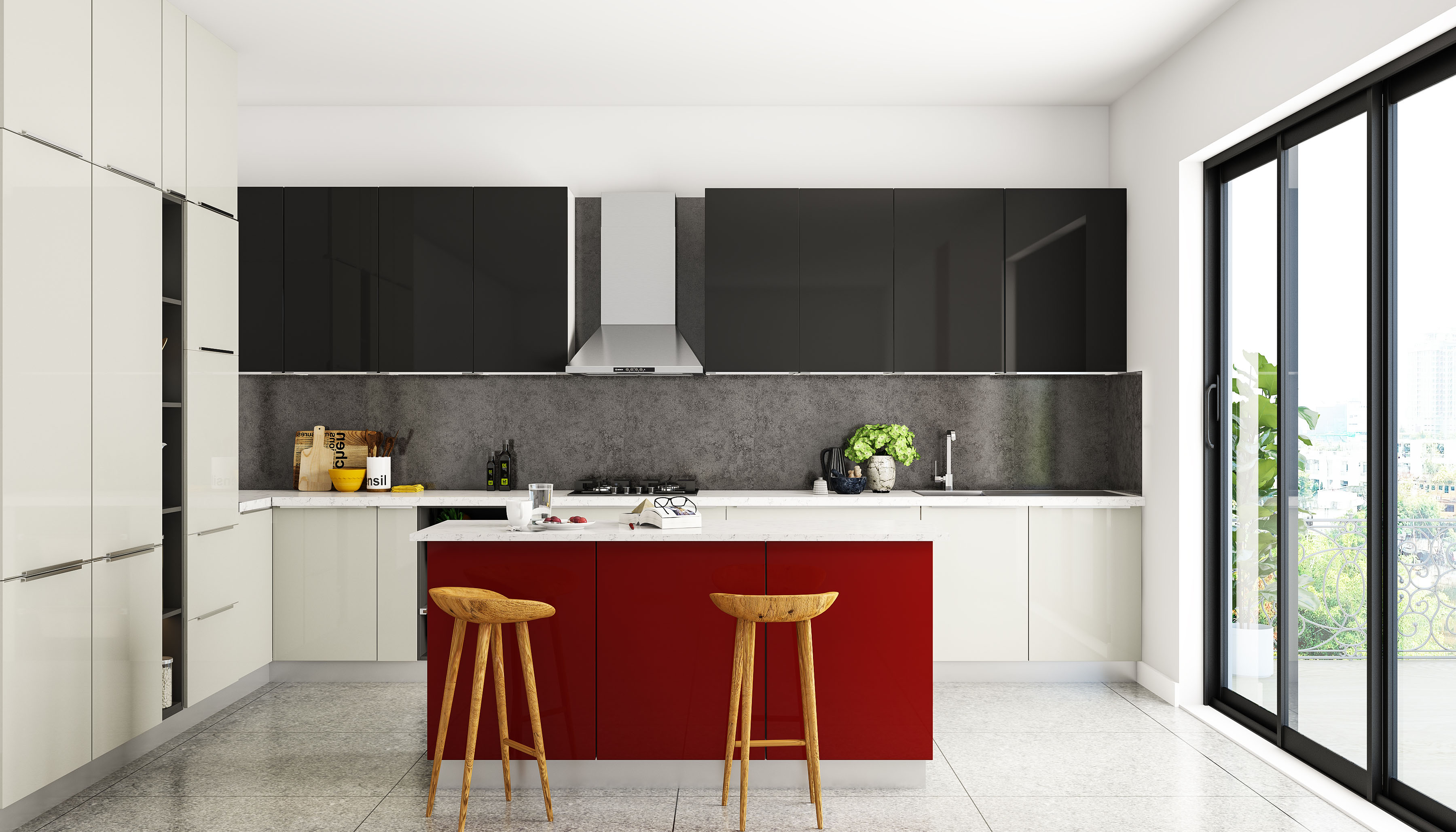 Modern Island Kitchen Design with Champagne and Slate Cabinets | Livspace