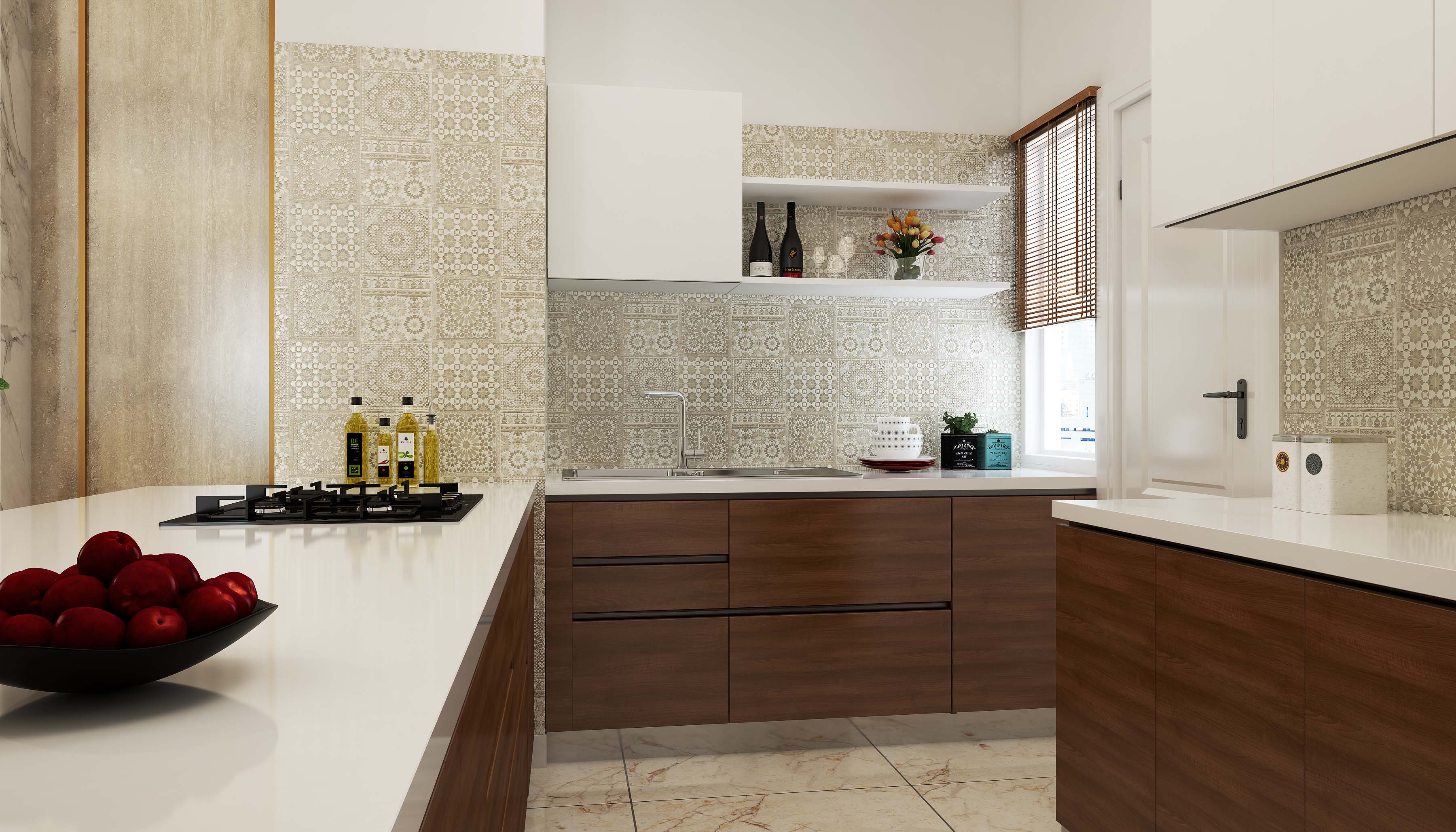 Spacious Indian Kitchen Design With Moroccan Backsplash And White-Wood ...
