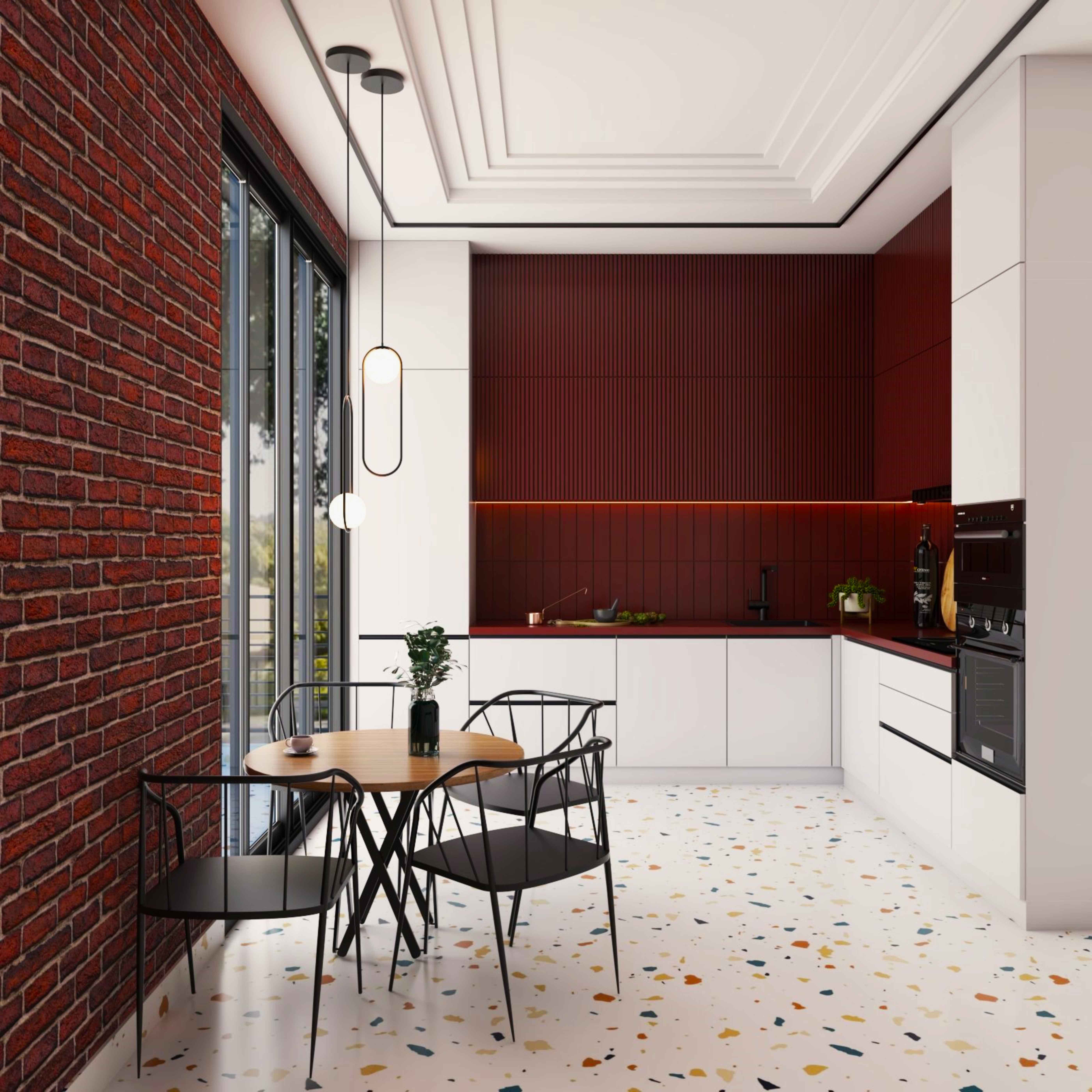 Spacious Dark Red And White L-Shape Kitchen Design With Terrazzo ...