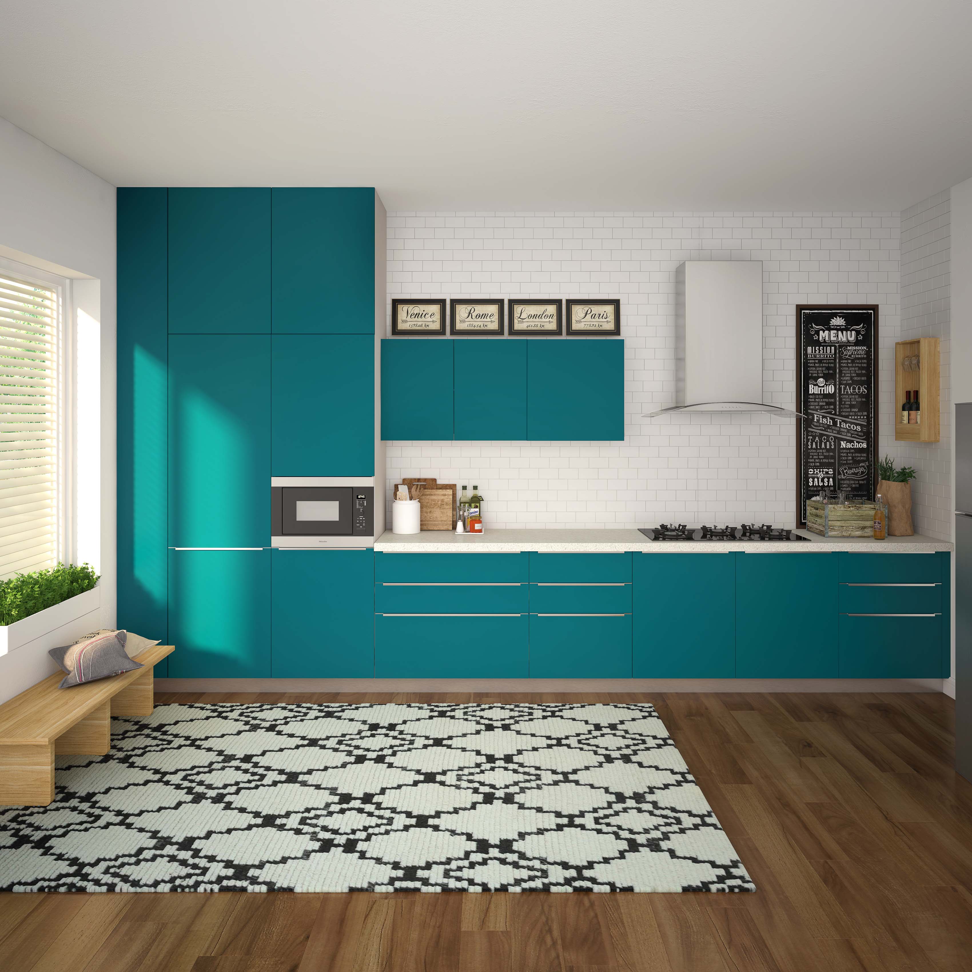 Open Modular Blue Kitchen Design With White Kitchen Tiles | Livspace