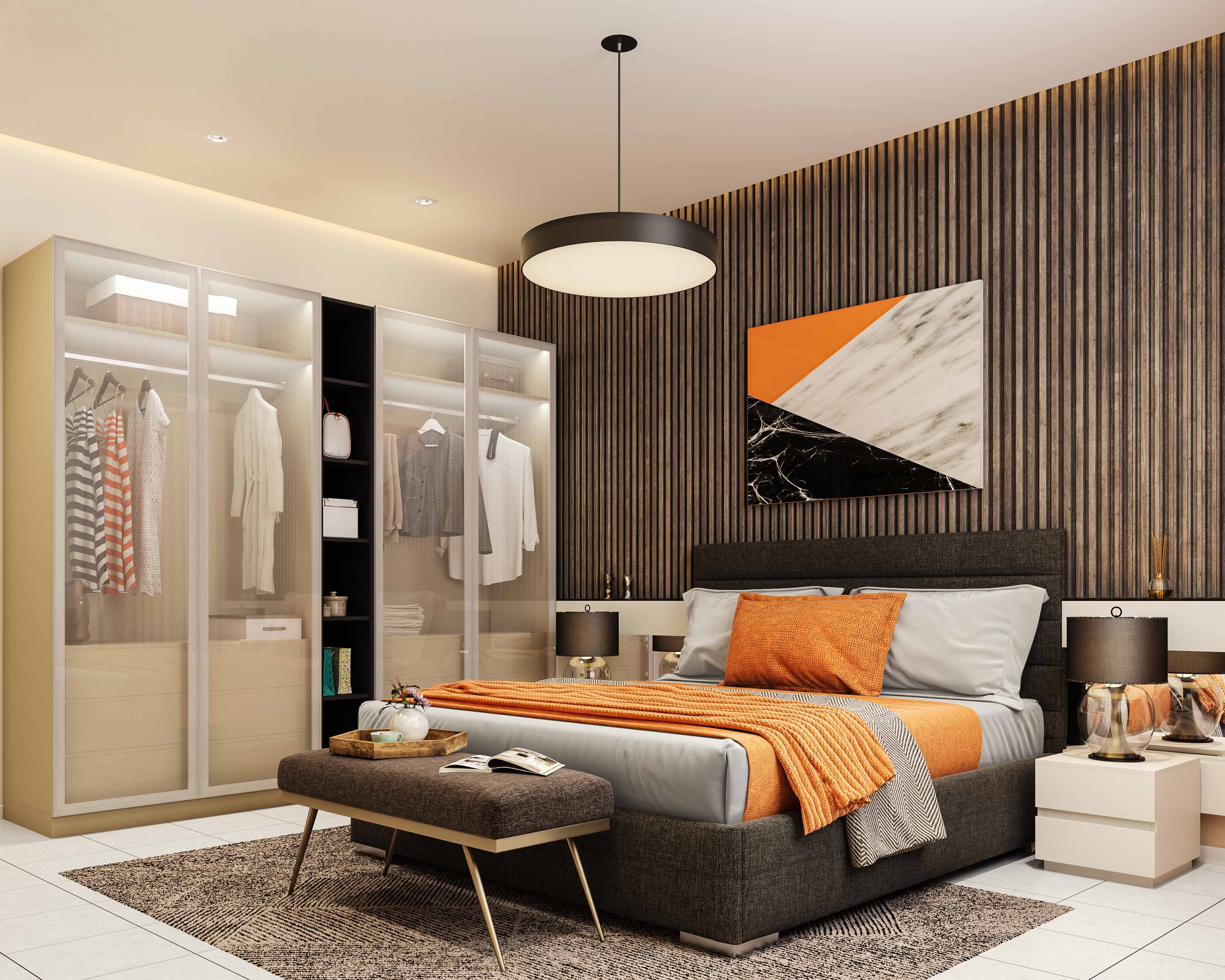 Spacious Master Bedroom Design With Transparent 4-Shutter Wardrobe And ...