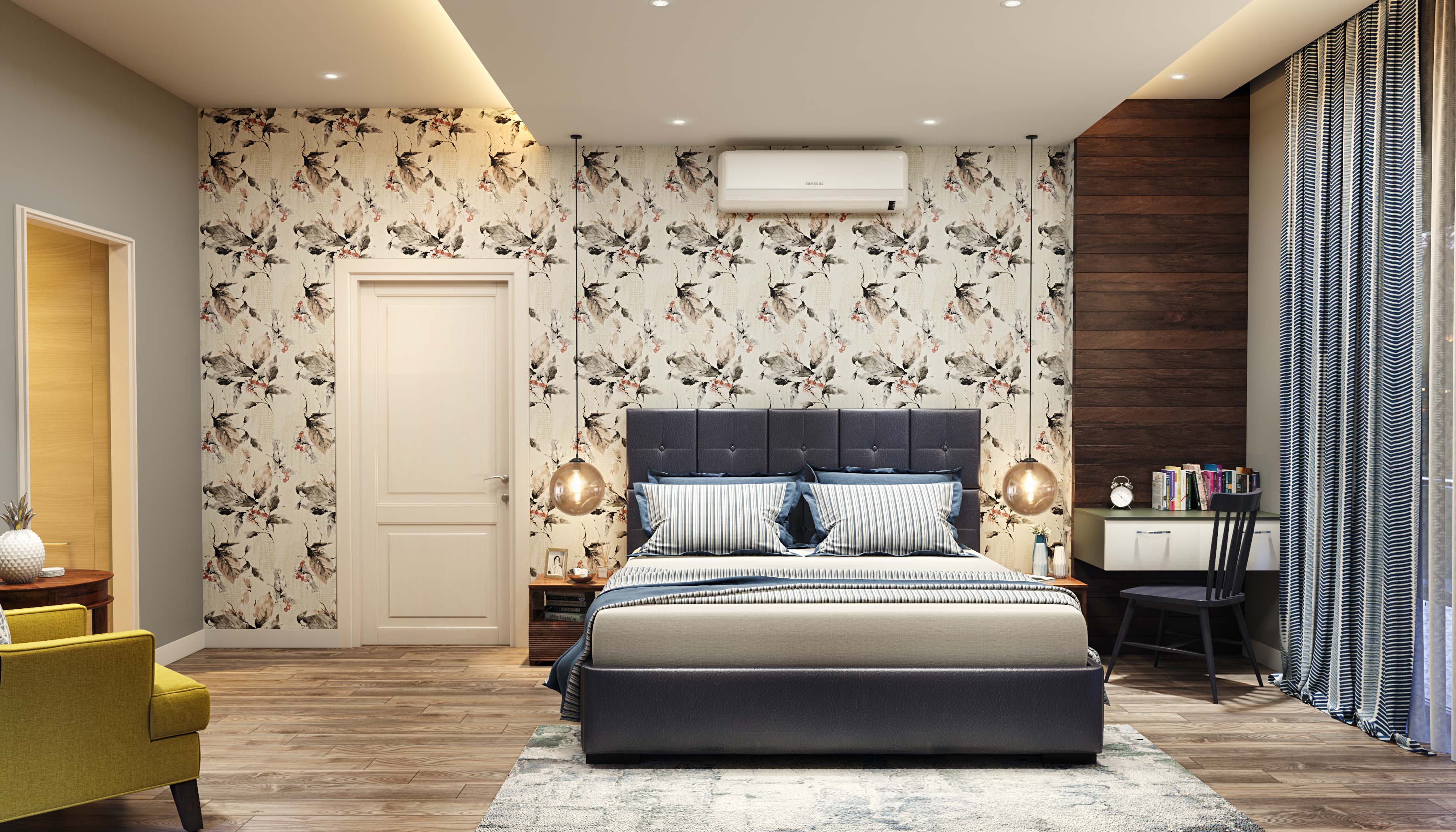 Spacious Master Bedroom Design With Floral Wallpaper And TV Unit | Livspace