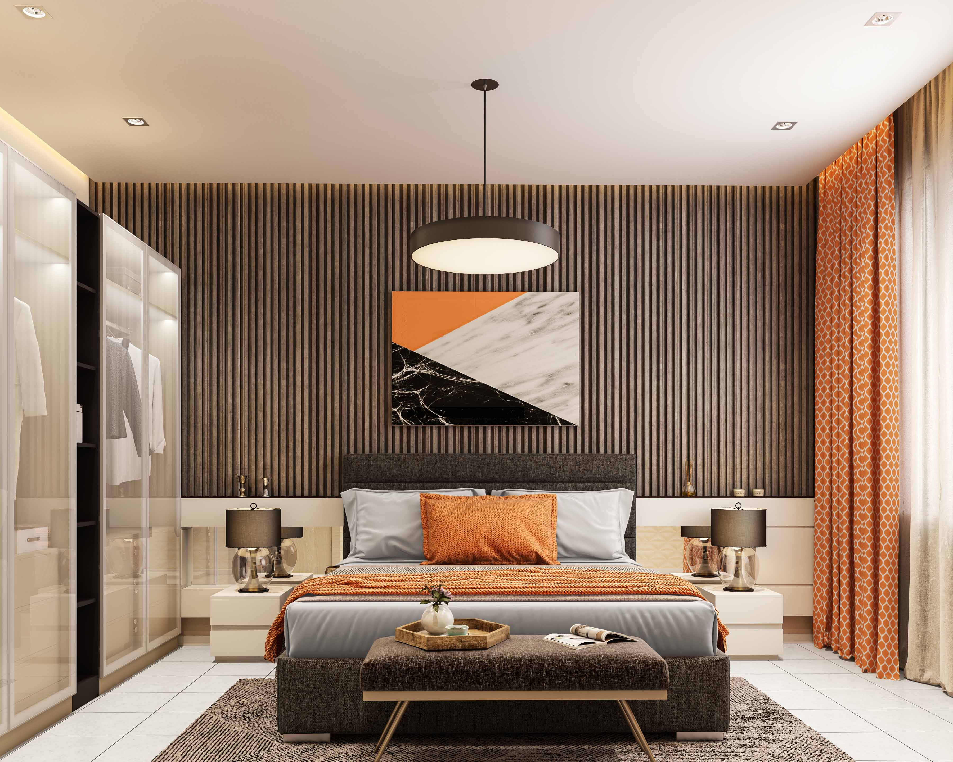 Dark Brown Wall Design For Bedrooms With Wooden Panelling | Livspace