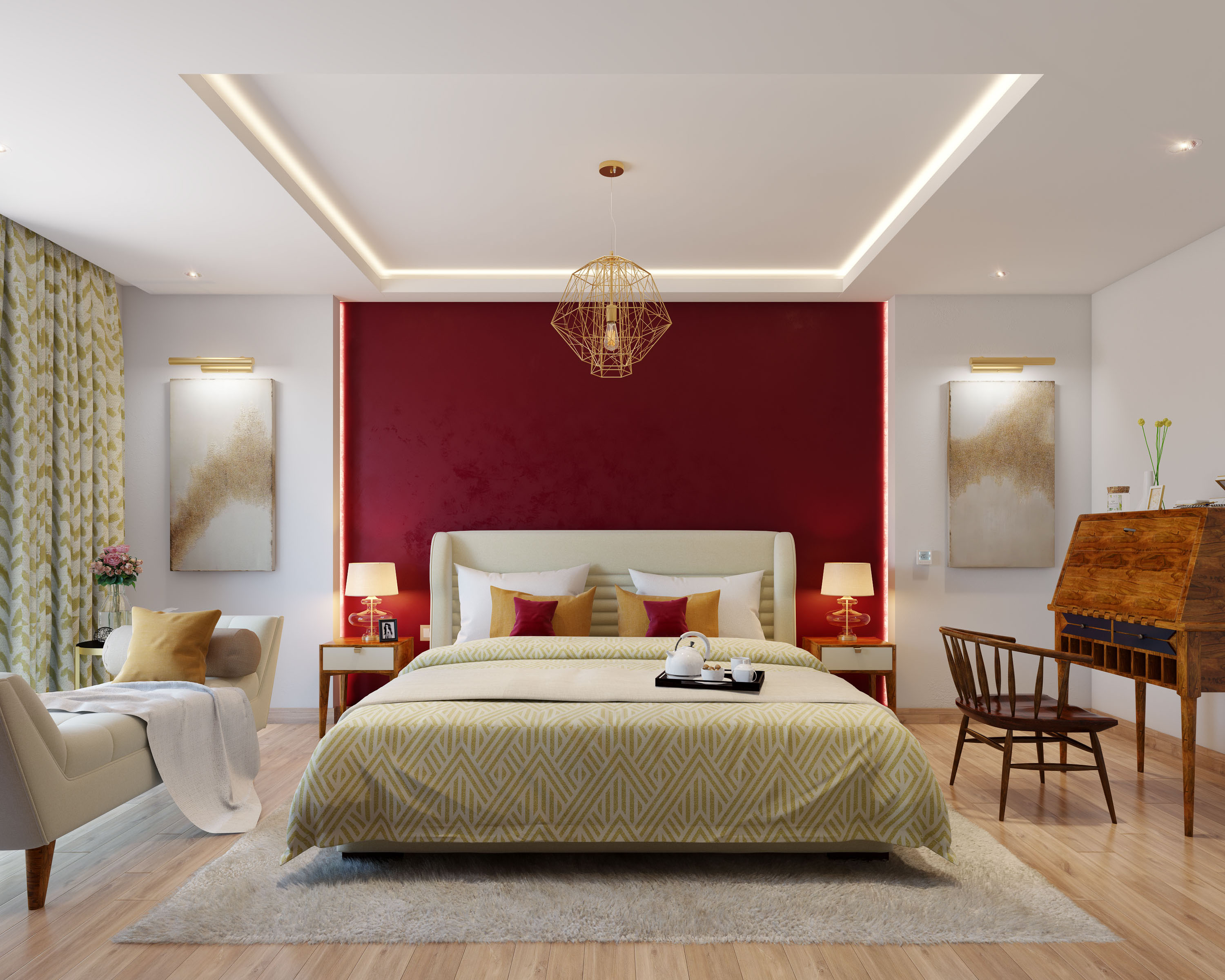 Red And White Wall Paint Design For Bedrooms | Livspace