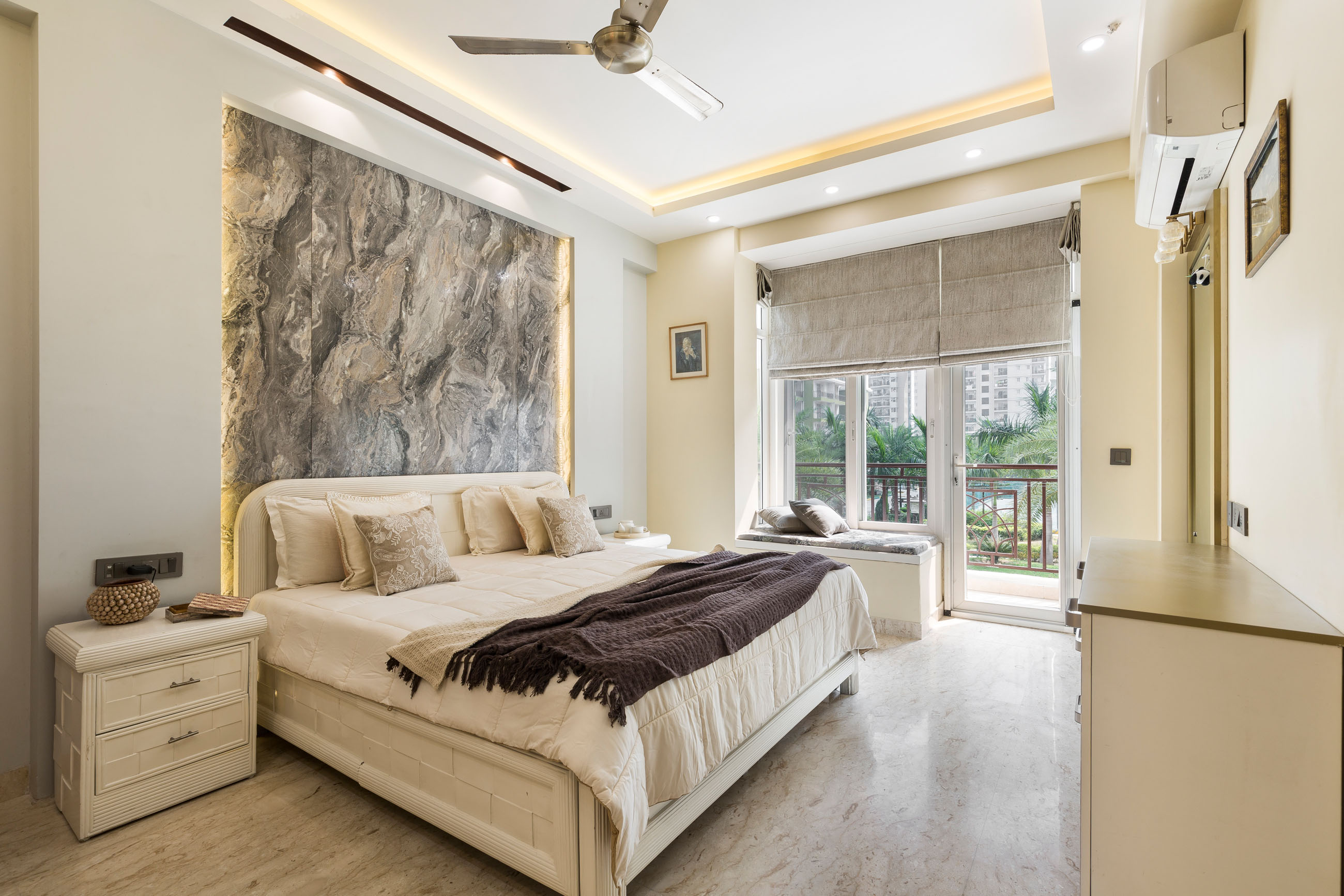 Compact Cream And Grey Master Bedroom Design With Walk-In 4-Door Swing ...