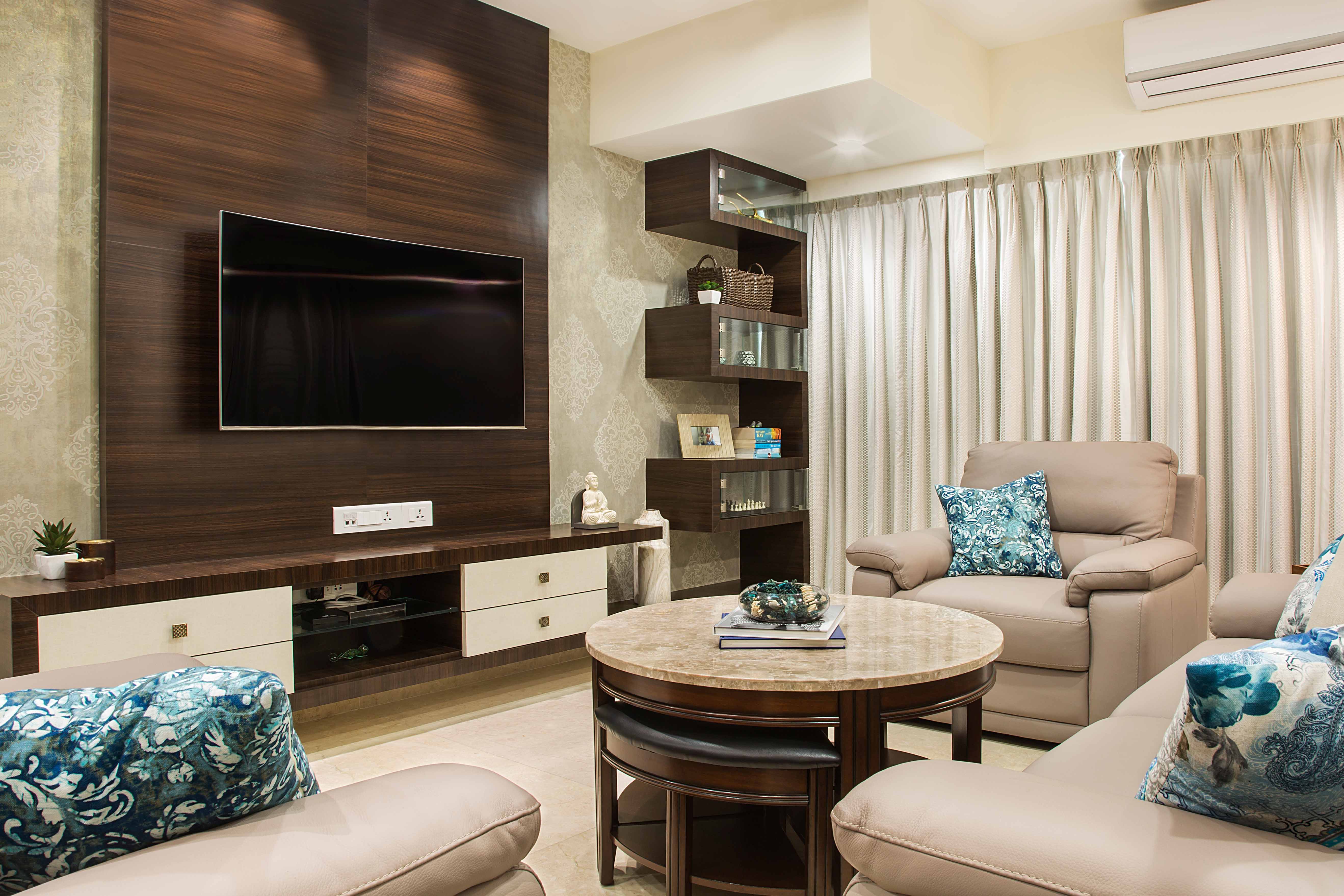 Floating White And Wood TV Unit Design With Beige Wallpaper And Zig-Zag ...