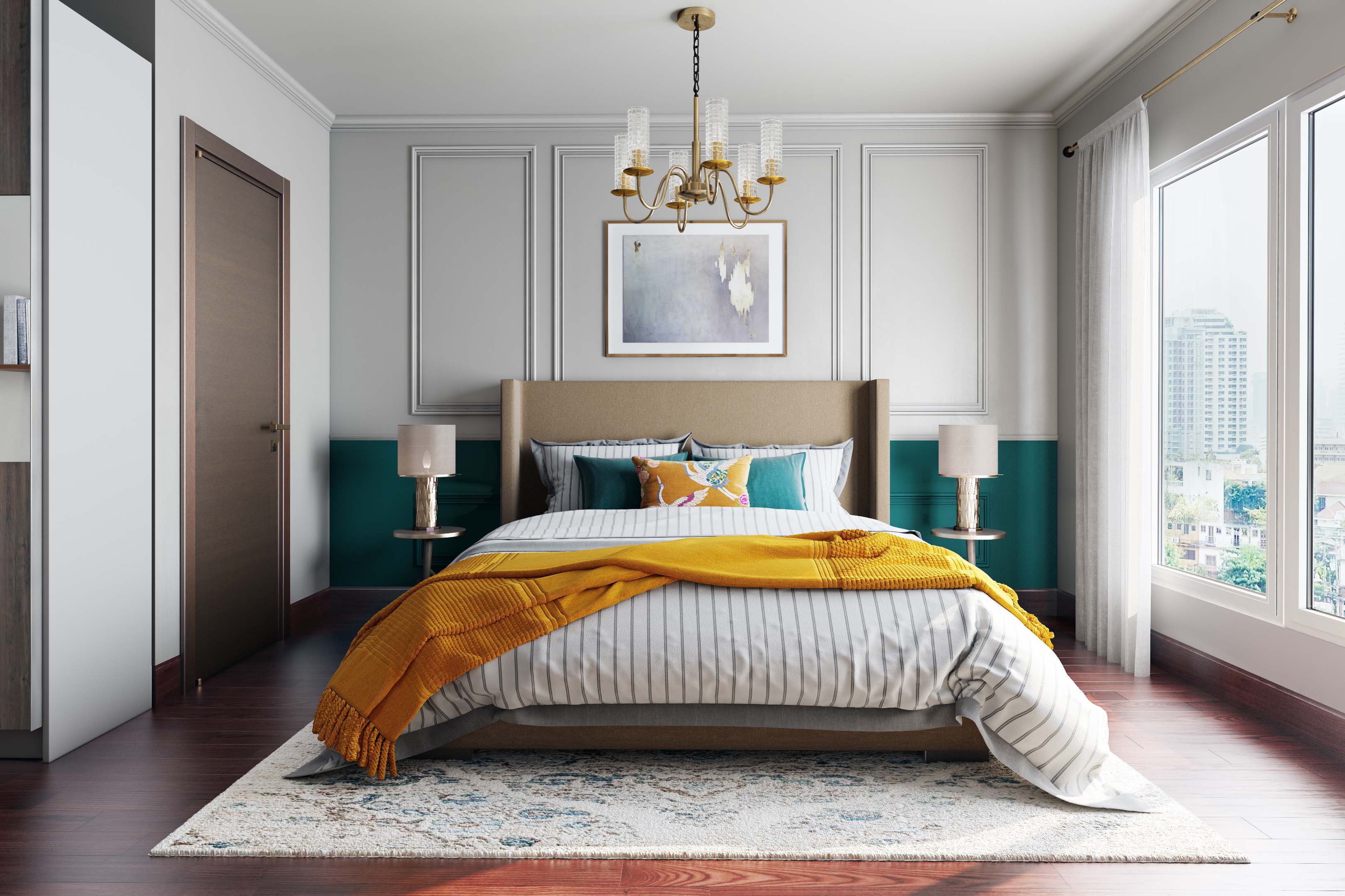 Dual-Toned White And Teal Blue Wall Design For Bedroom With Trims ...