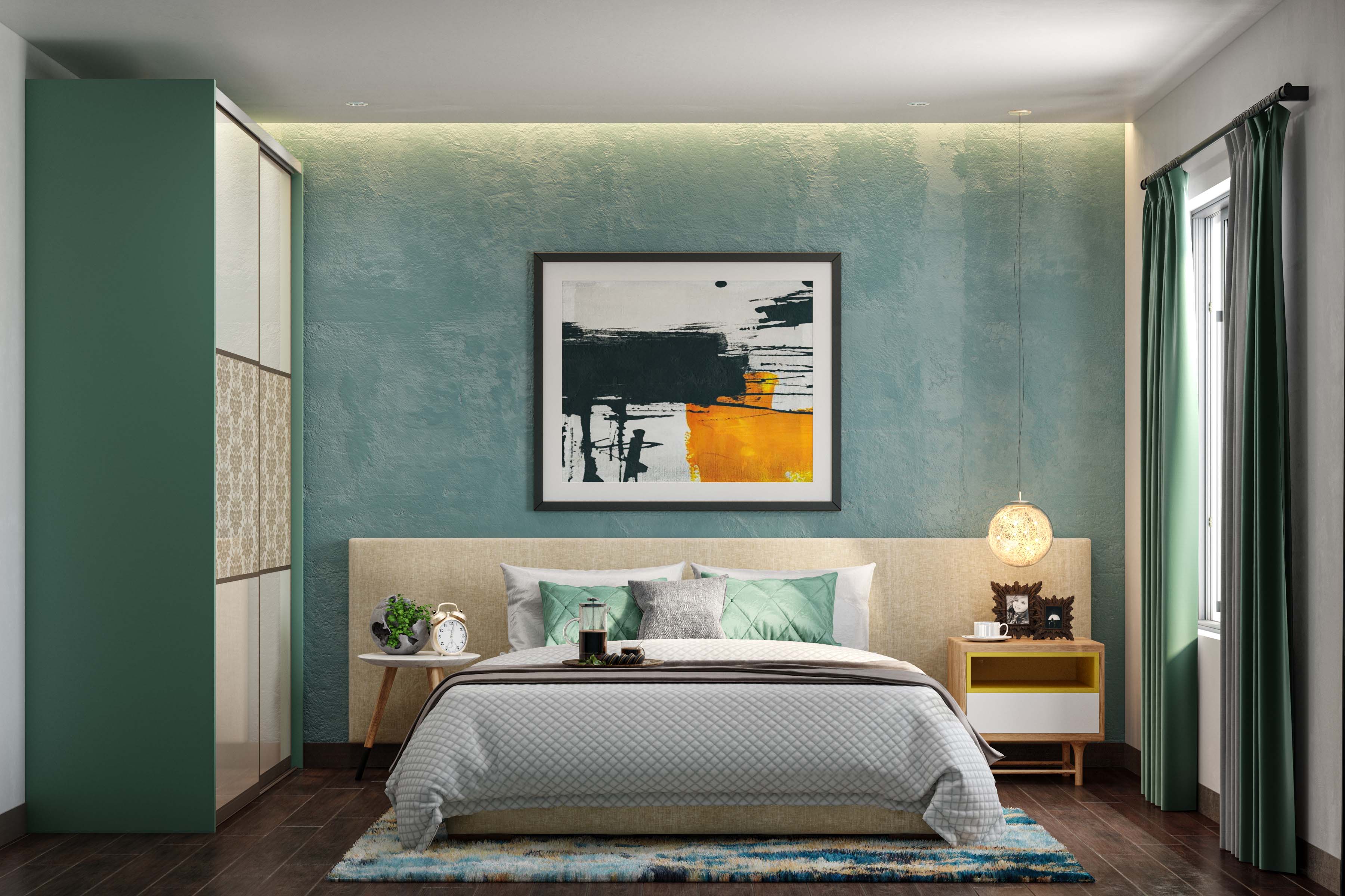 Textured Sea-Green Wallpaper Design For Bedrooms | Livspace