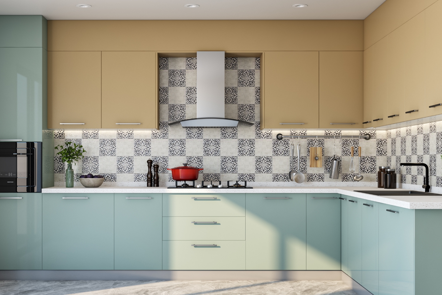 Black And White Modern Kitchen Tile Design With Moroccan Patterning ...
