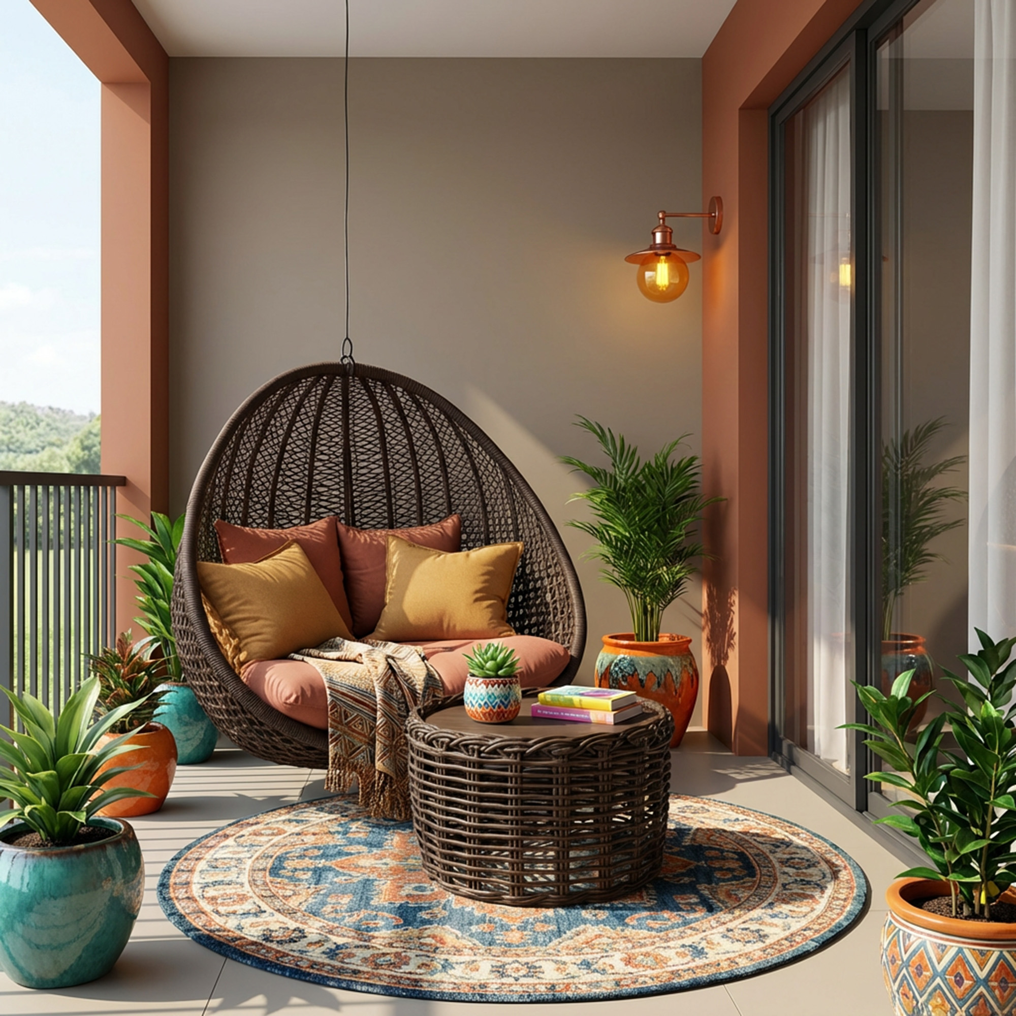Bohemian Balcony Design with Wicker Chair and Peach and Beige Walls ...