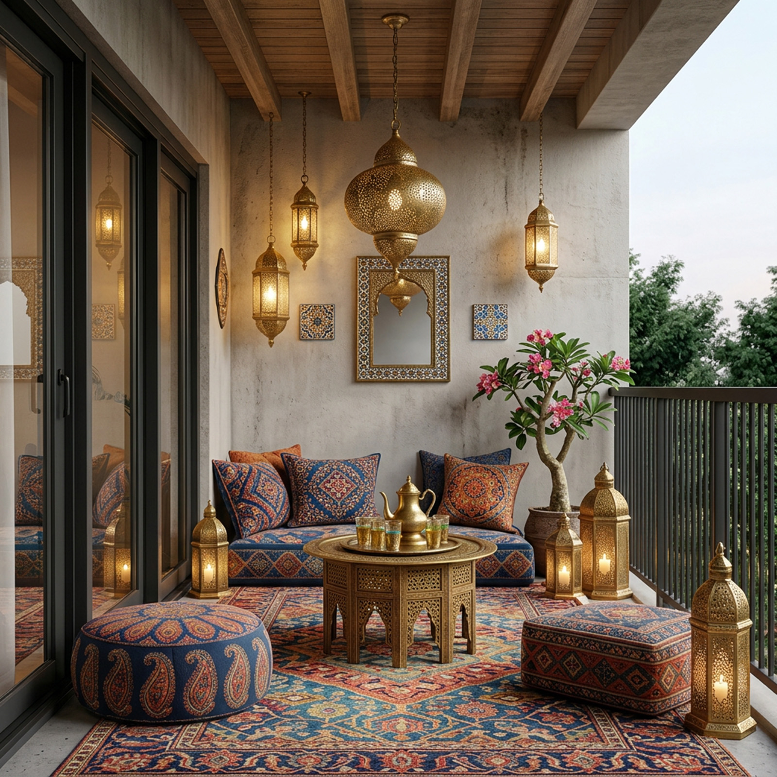 Mediterranean Balcony Design with Plaster Wall and Brass Lanterns ...